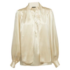 Roberto Cavalli Cream Satin Silk Tie-Up Collar Blouse S