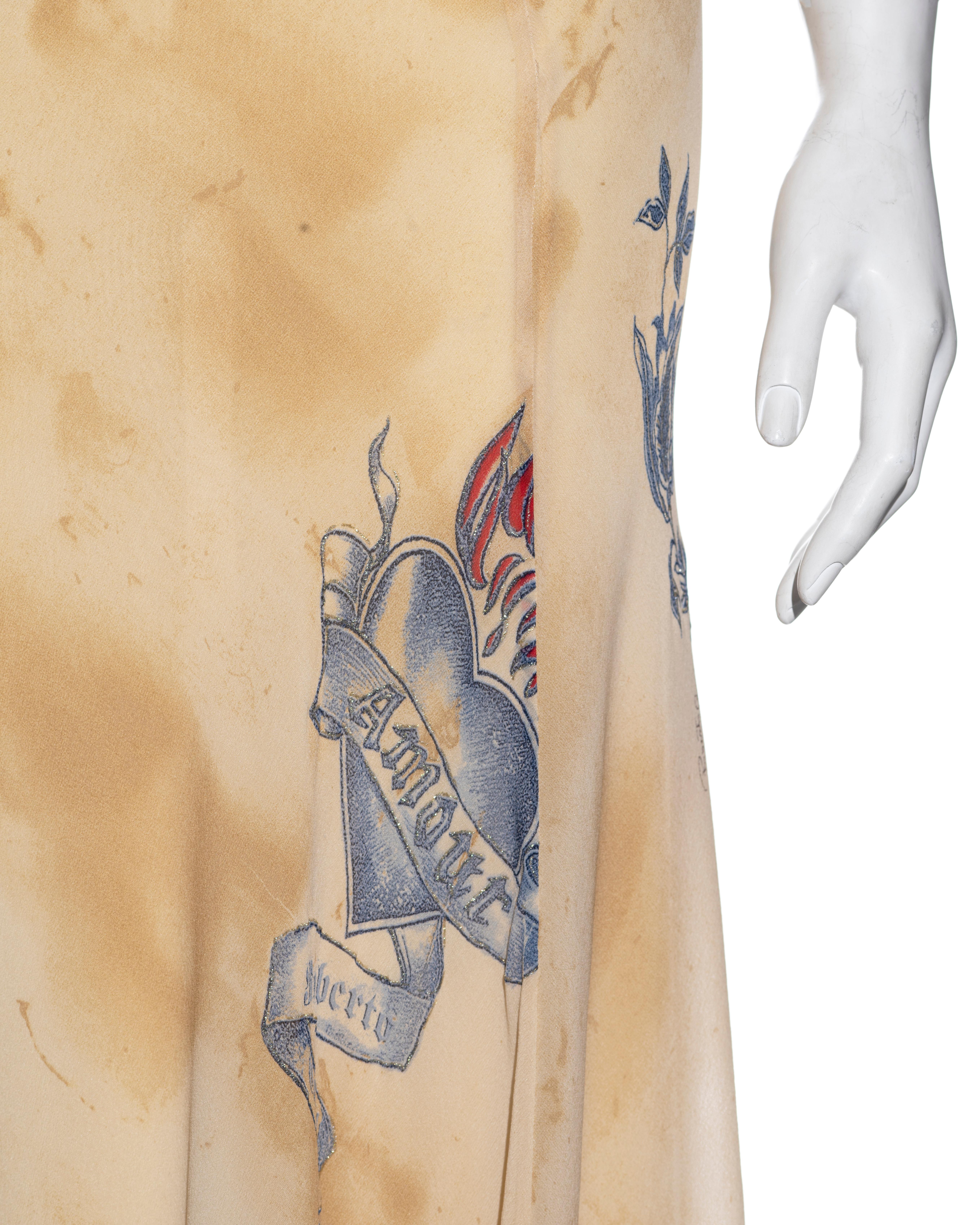 Robe de soirée Roberto Cavalli en soie crème à imprimé tatouage, printemps-été 2003 Excellent état - En vente à London, GB