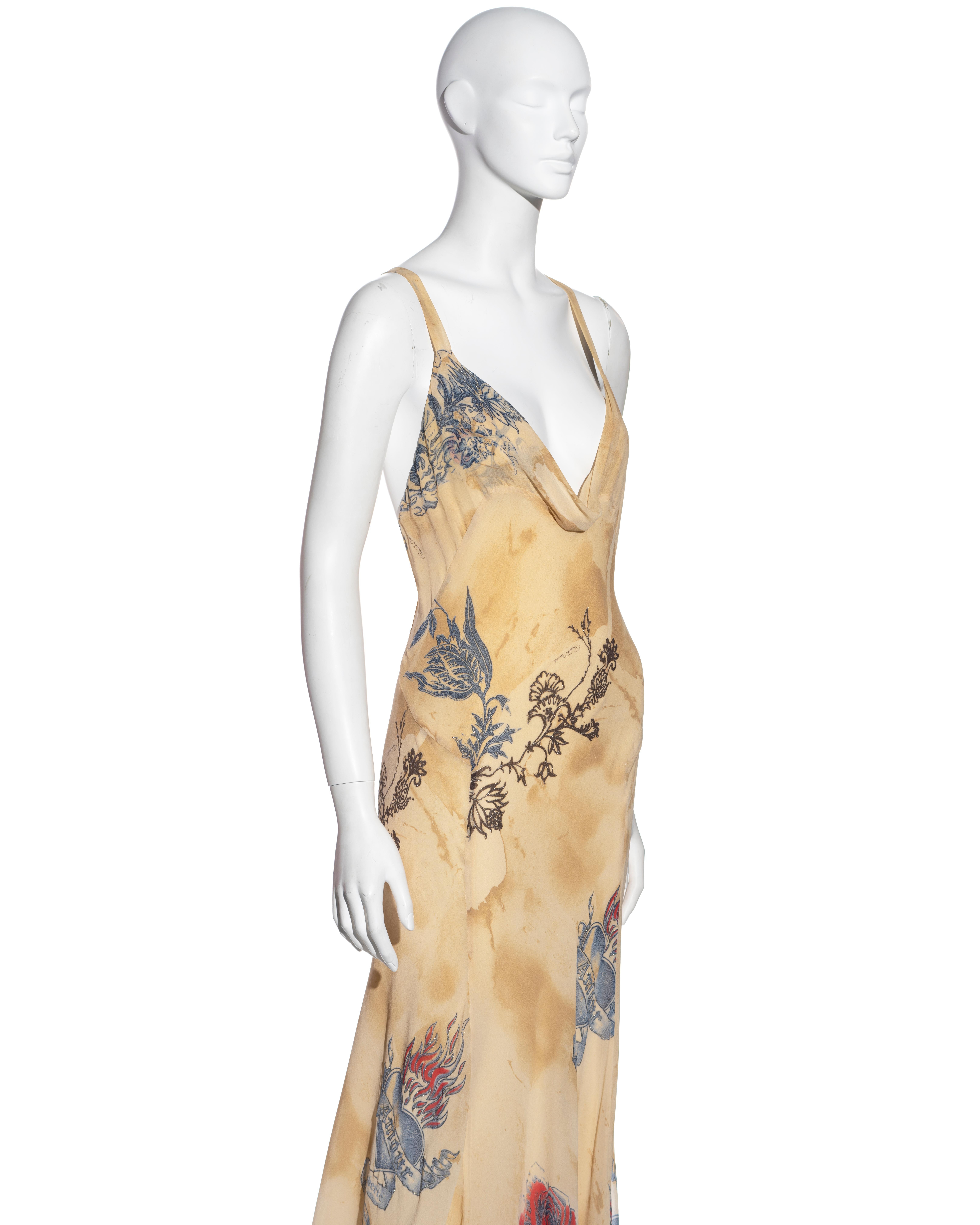Beige Roberto Cavalli cream silk tattoo-print evening dress, ss 2003 For Sale