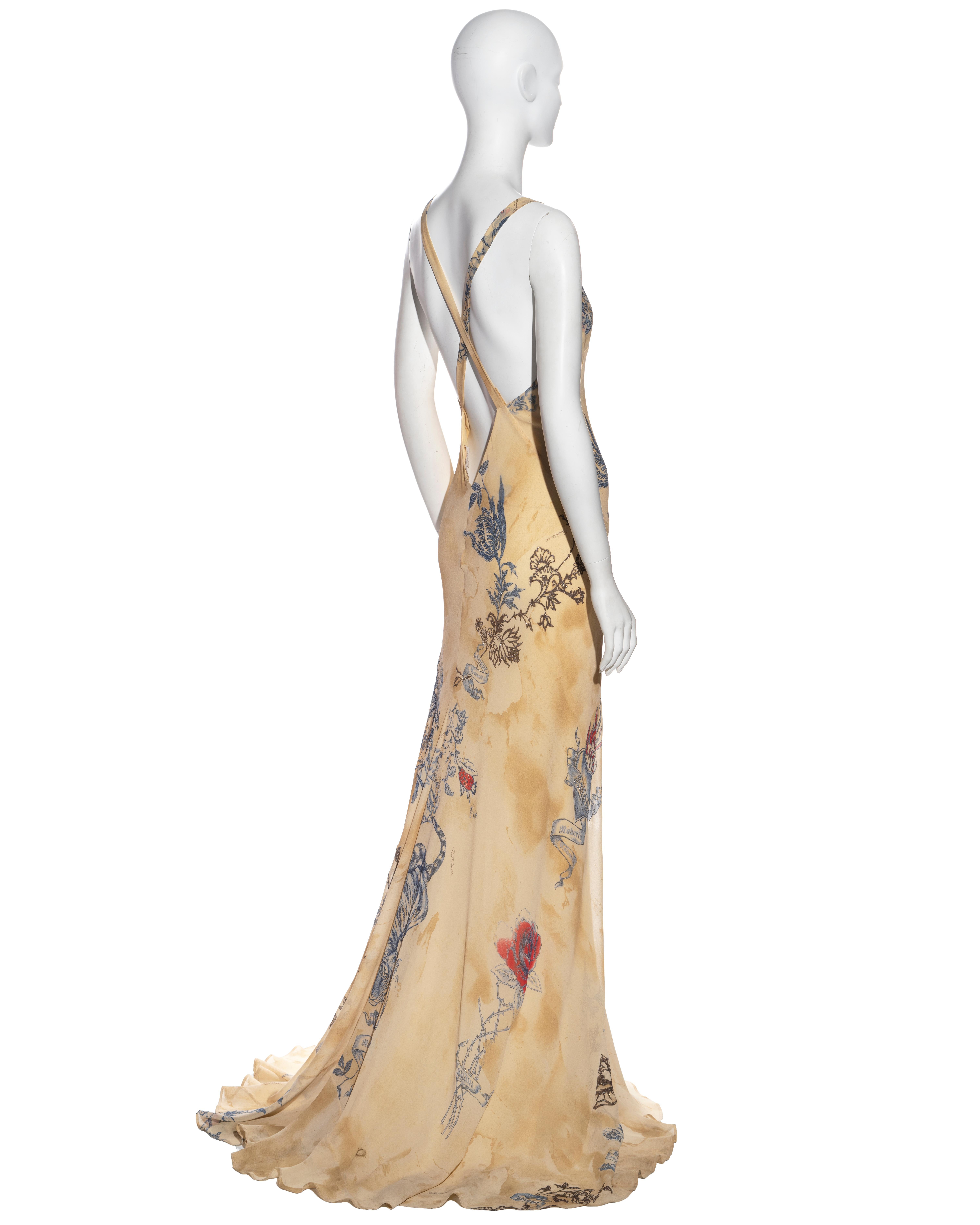 Roberto Cavalli cream silk tattoo-print evening dress, ss 2003 In Excellent Condition For Sale In London, GB