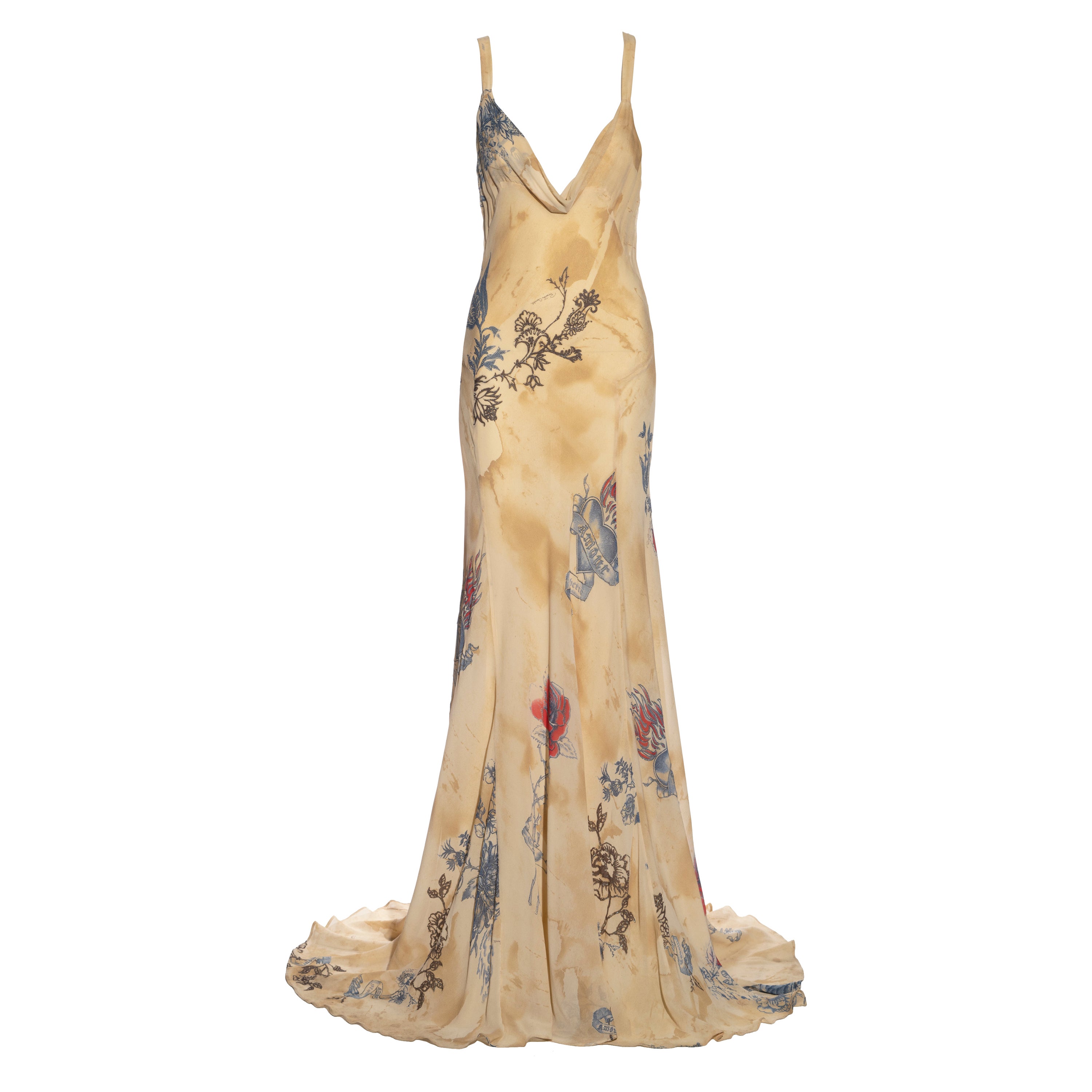 Robe du soir Roberto Cavalli, imprimé tatouage en soie crème, printemps-été 2003