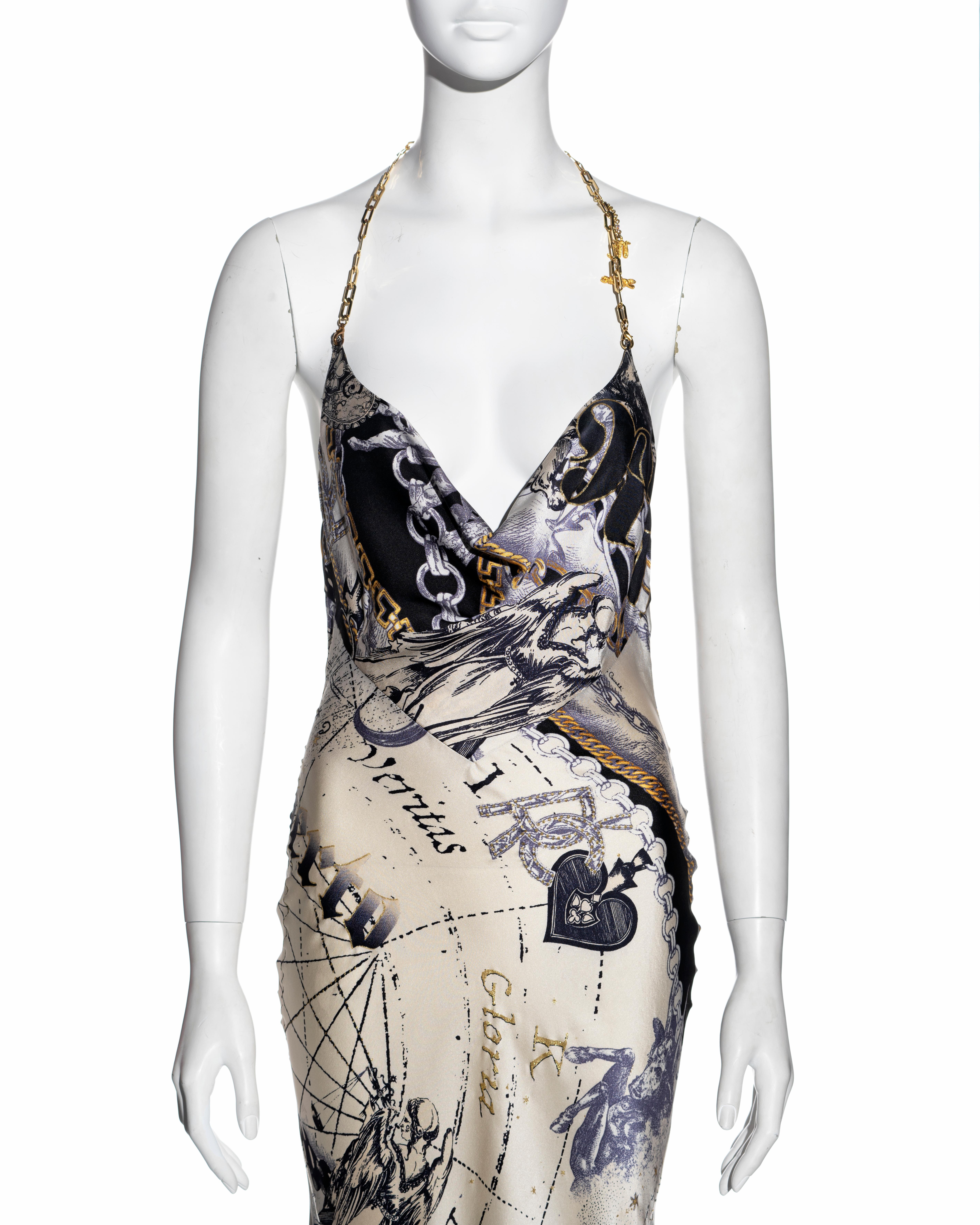 Gray Roberto Cavalli cream silk zodiac print evening dress with gold chain, fw 2003 For Sale