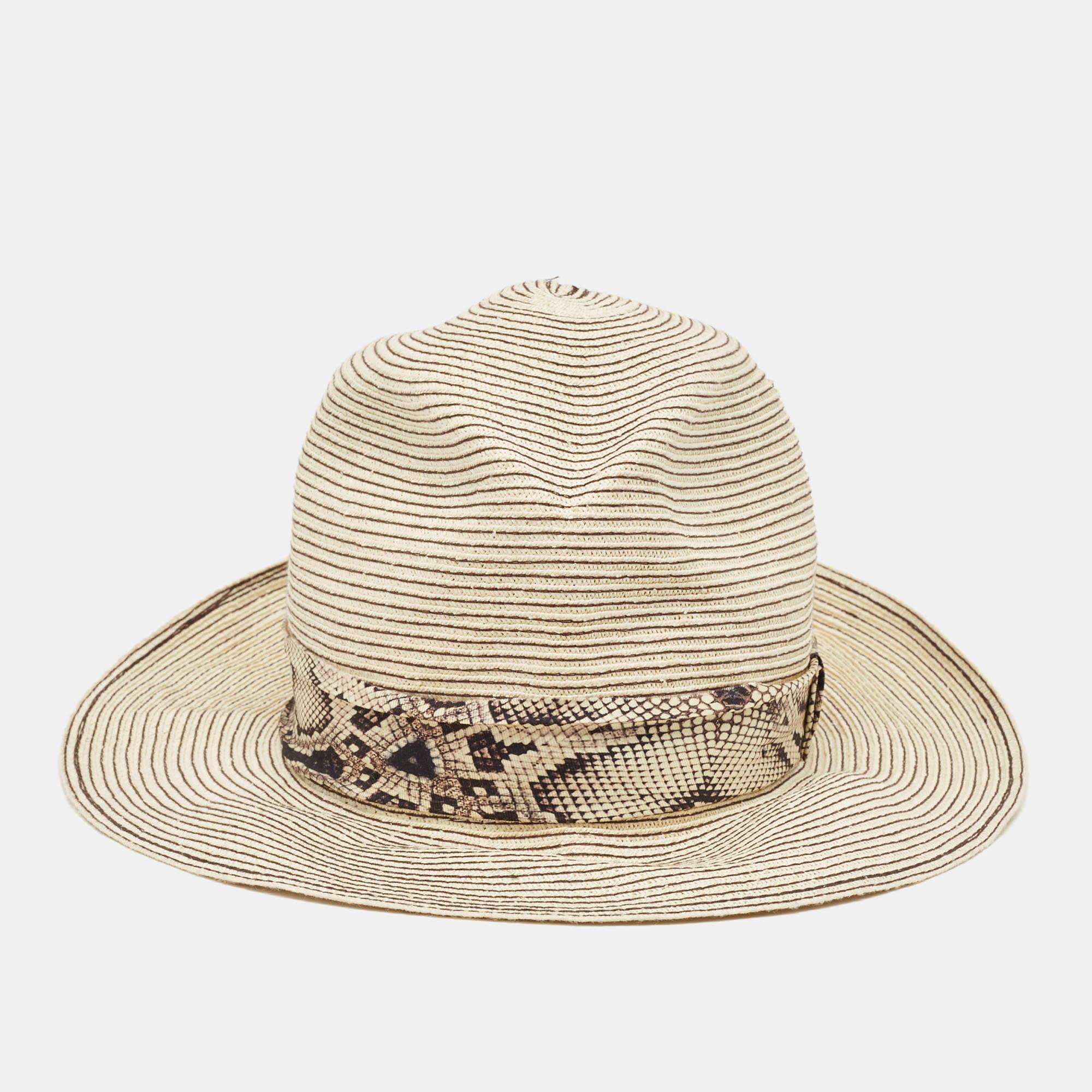 Beige Roberto Cavalli Cream Straw Fedora Hat For Sale