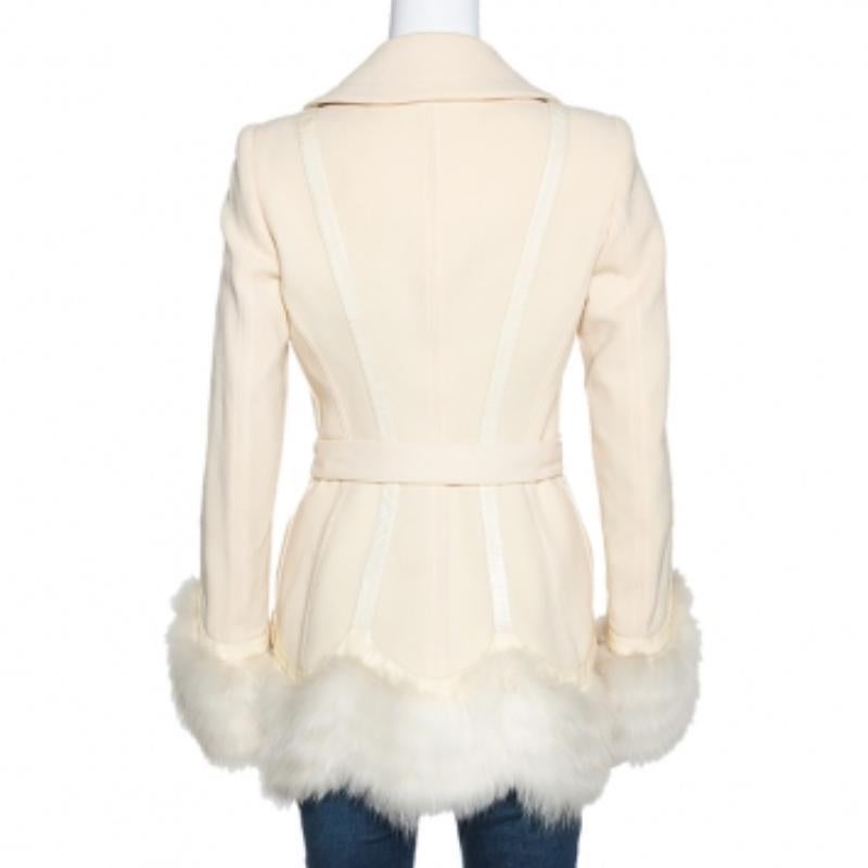Roberto Cavalli Cremefarbene Jacke mit Gürtel und Fuchspelzbesatz aus Wolle M (Beige) im Angebot