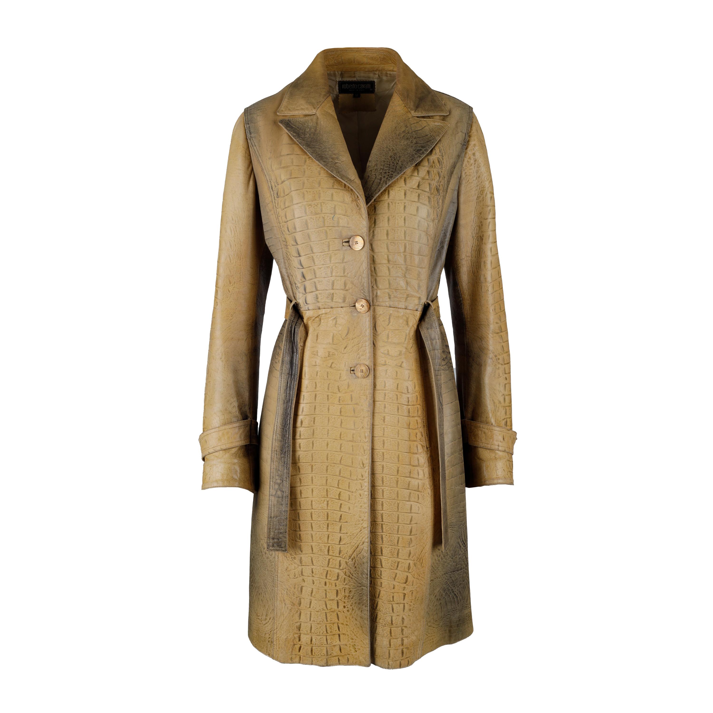 Roberto Cavalli Croc Embossed Leather Trench Coat For Sale 5