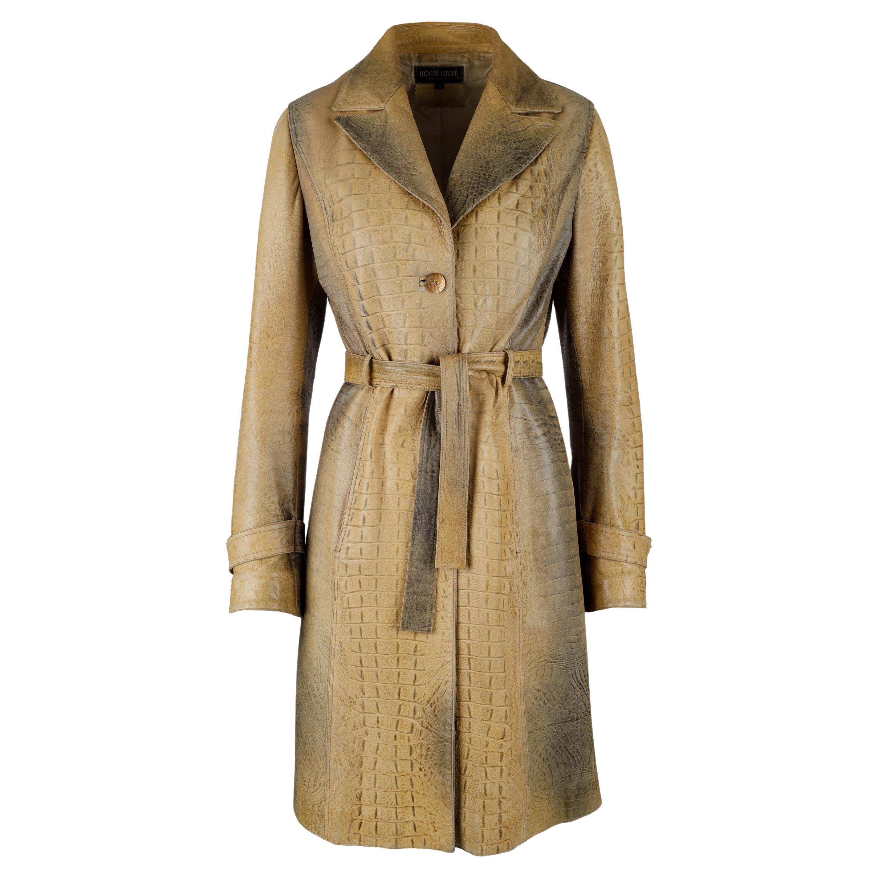 Roberto Cavalli Croc Embossed Leather Trench Coat For Sale
