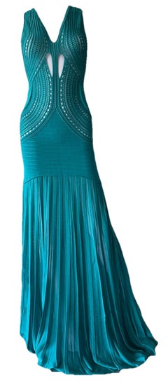 ROBERTO CAVALLI Crochet Knit Maxi Dress in Jewel-Tone Teal