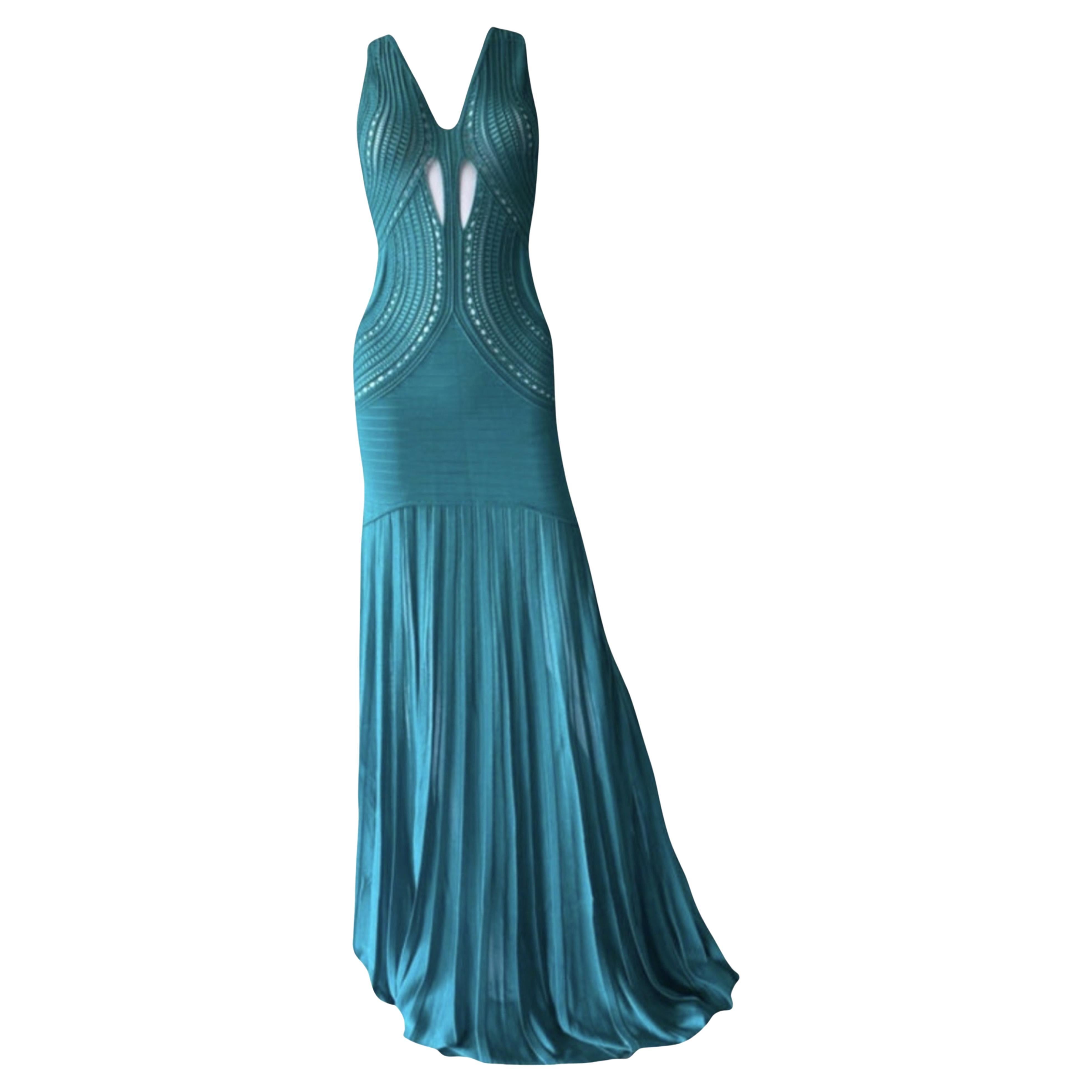 ROBERTO CAVALLI Crochet Knit Maxi Dress in Jewel-Tone Teal