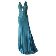 ROBERTO CAVALLI Crochet Knit Maxi Dress in Jewel-Tone Teal