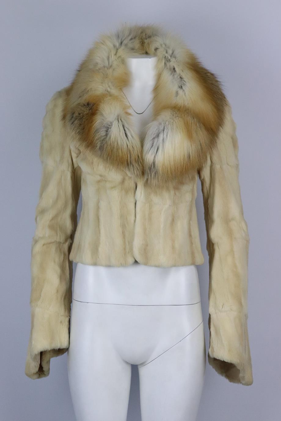 Roberto Cavalli cropped fox and rabbit fur jacket. Cream and tan. Long sleeve, v-neck. Hook and eye fastening at the front. Size: Medium (UK 10, US 6, IT 42, FR 38). Shoulder to shoulder: 15 in. Bust: 33 in. Waist: 31 in. Hips: 32 in. Length: 19 in.