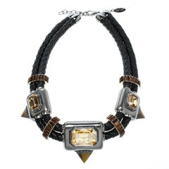 Roberto Cavalli Crystal Embellished Braided Leather Statement Choker Necklace