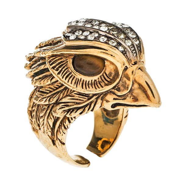 Roberto Cavalli Crystal Gold Tone Crystal Eagle Head Cocktail Ring Size ...