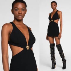 Roberto Cavalli Current Season Cut Out Black Mini Dress with Gold Panther Detail