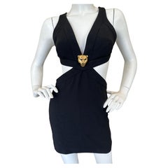 Retro Roberto Cavalli Current Season Cut Out Black Mini Dress with Gold Panther Detail
