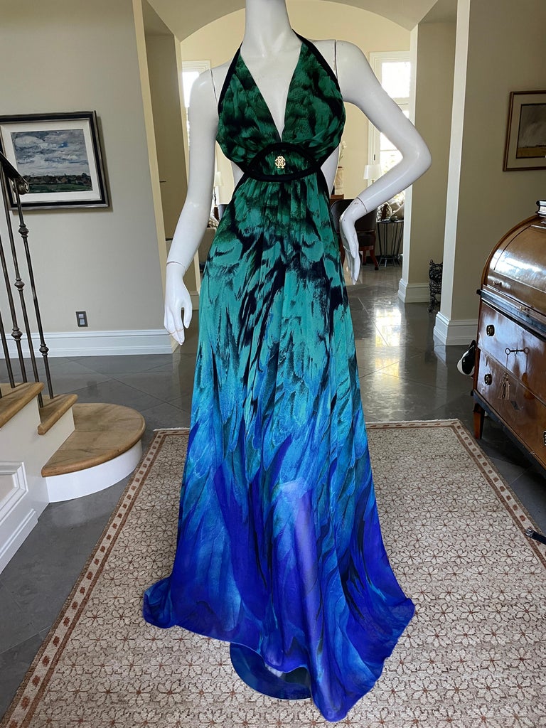 Roberto Cavalli Cut Out Chiffon Parrot Feather Print Vintage Evening Dress