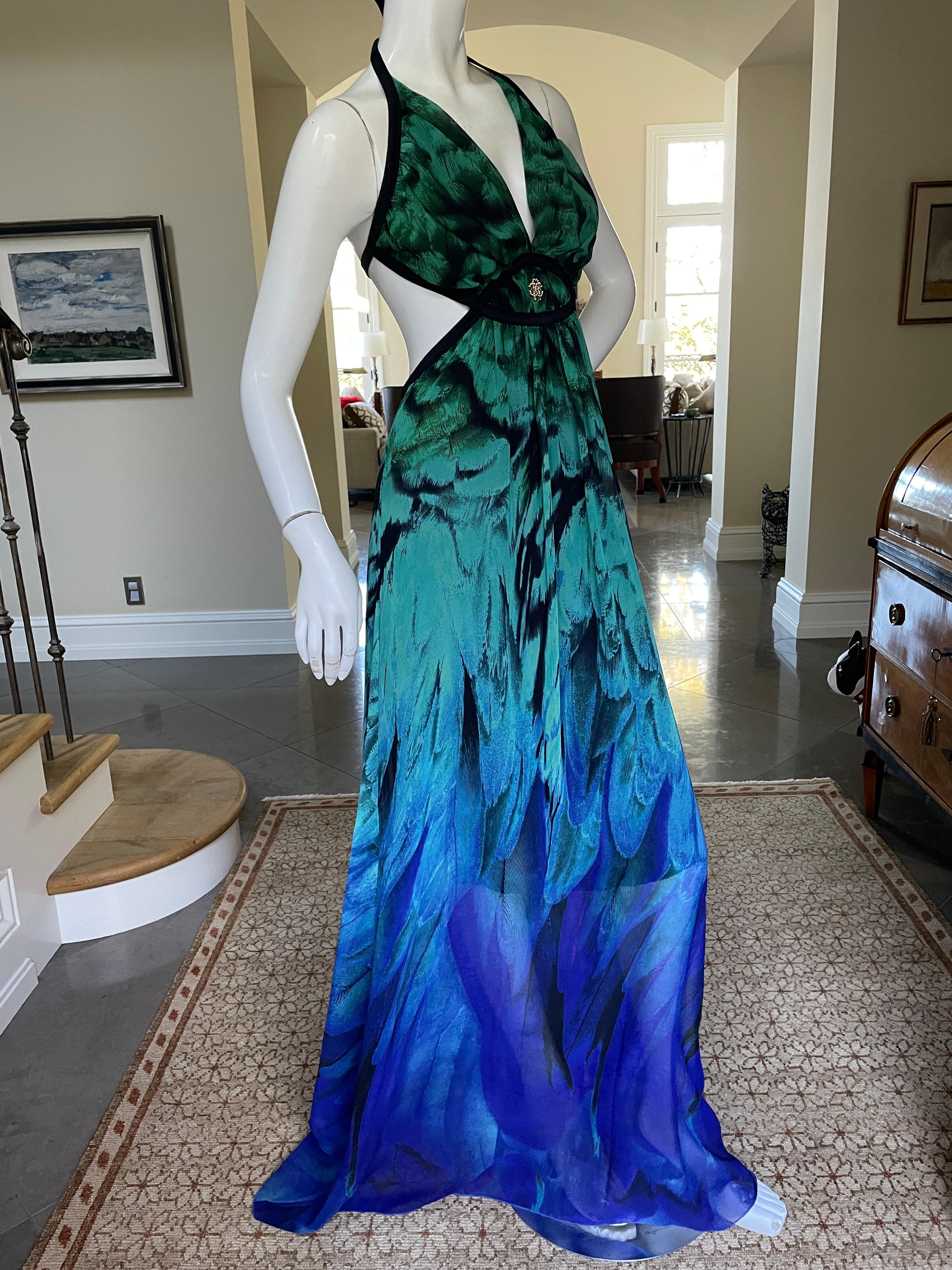Roberto Cavalli Cut Out Chiffon Parrot Feather Print Vintage Evening Dress In Excellent Condition In Cloverdale, CA