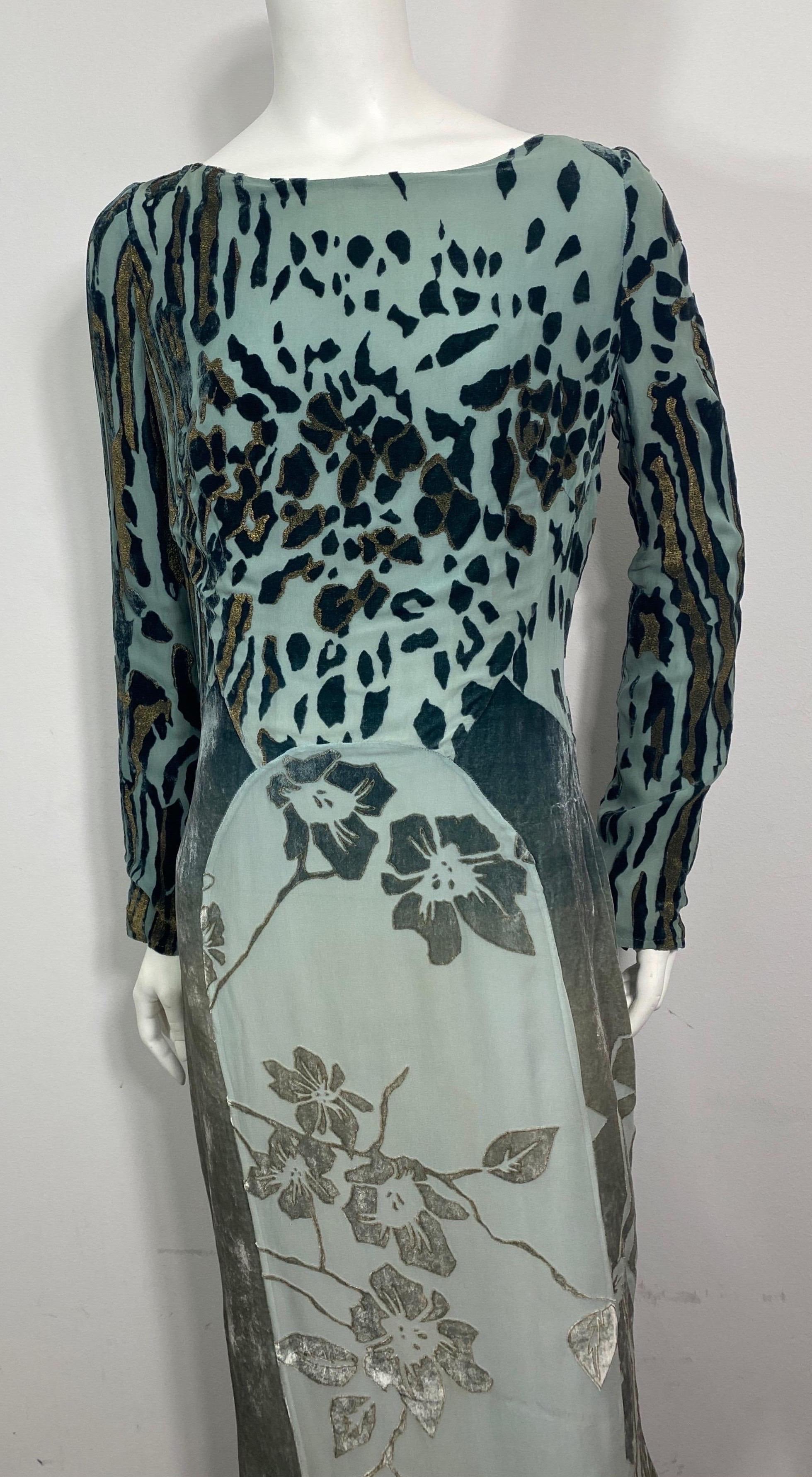Roberto Cavalli Cut Velvet Multi Ombré Green Animal Print Gown-Size 44 In Good Condition For Sale In West Palm Beach, FL