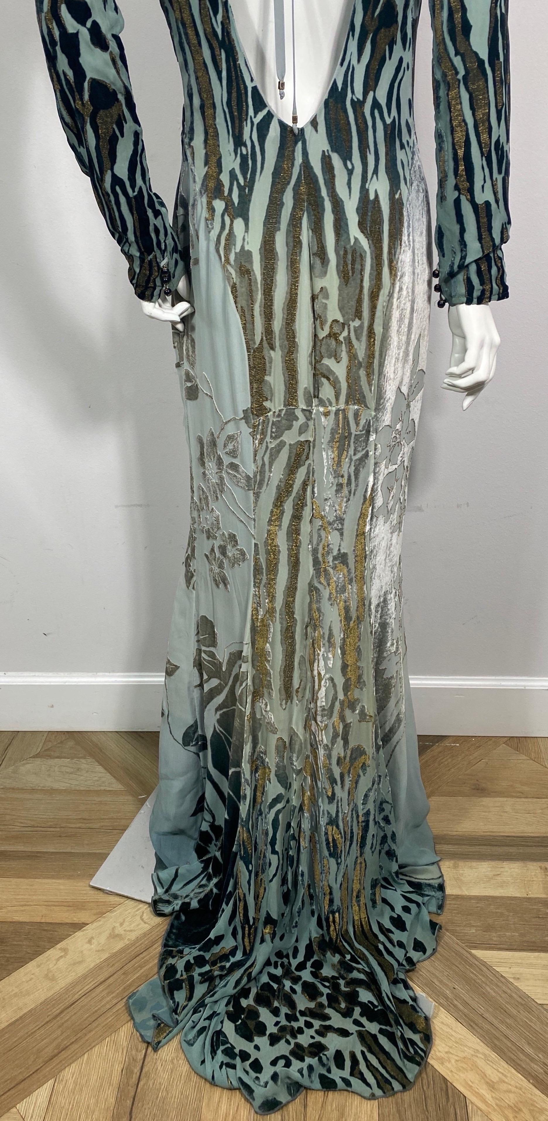 Roberto Cavalli Cut Velvet Multi Ombré Green Animal Print Gown-Size 44 4