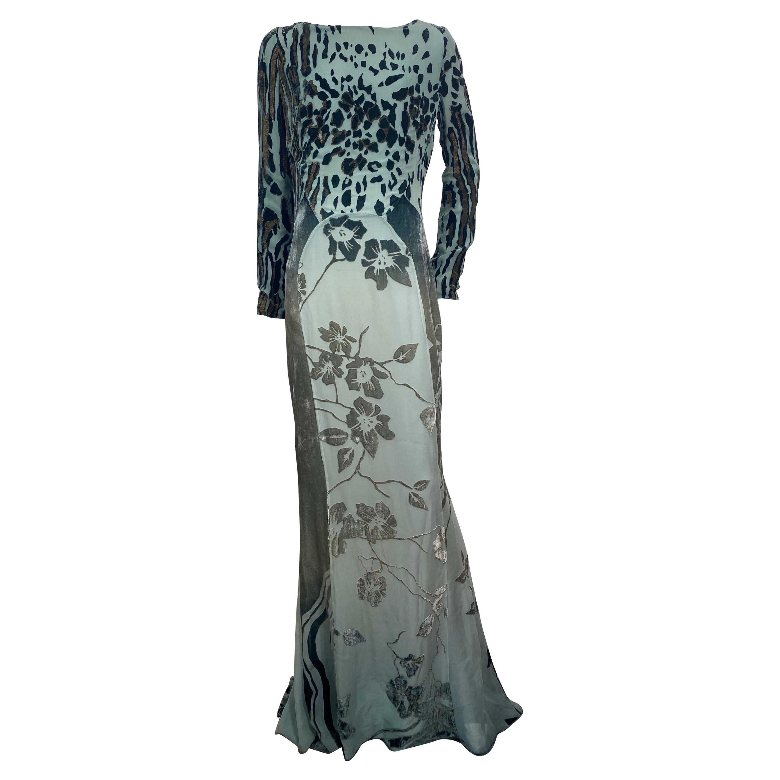 Roberto Cavalli Cut Velvet Multi Ombré Green Animal Print Gown-Size 44