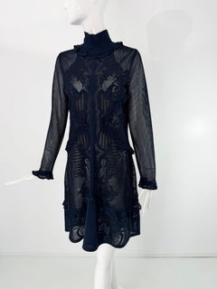 Roberto Cavalli Dark Blue Sheer Mesh Floral Mesh Long Sleeve Mock Neck Dress 46