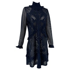 Roberto Cavalli Dark Blue Sheer Mesh Floral Mesh Long Sleeve Mock Neck Dress 46