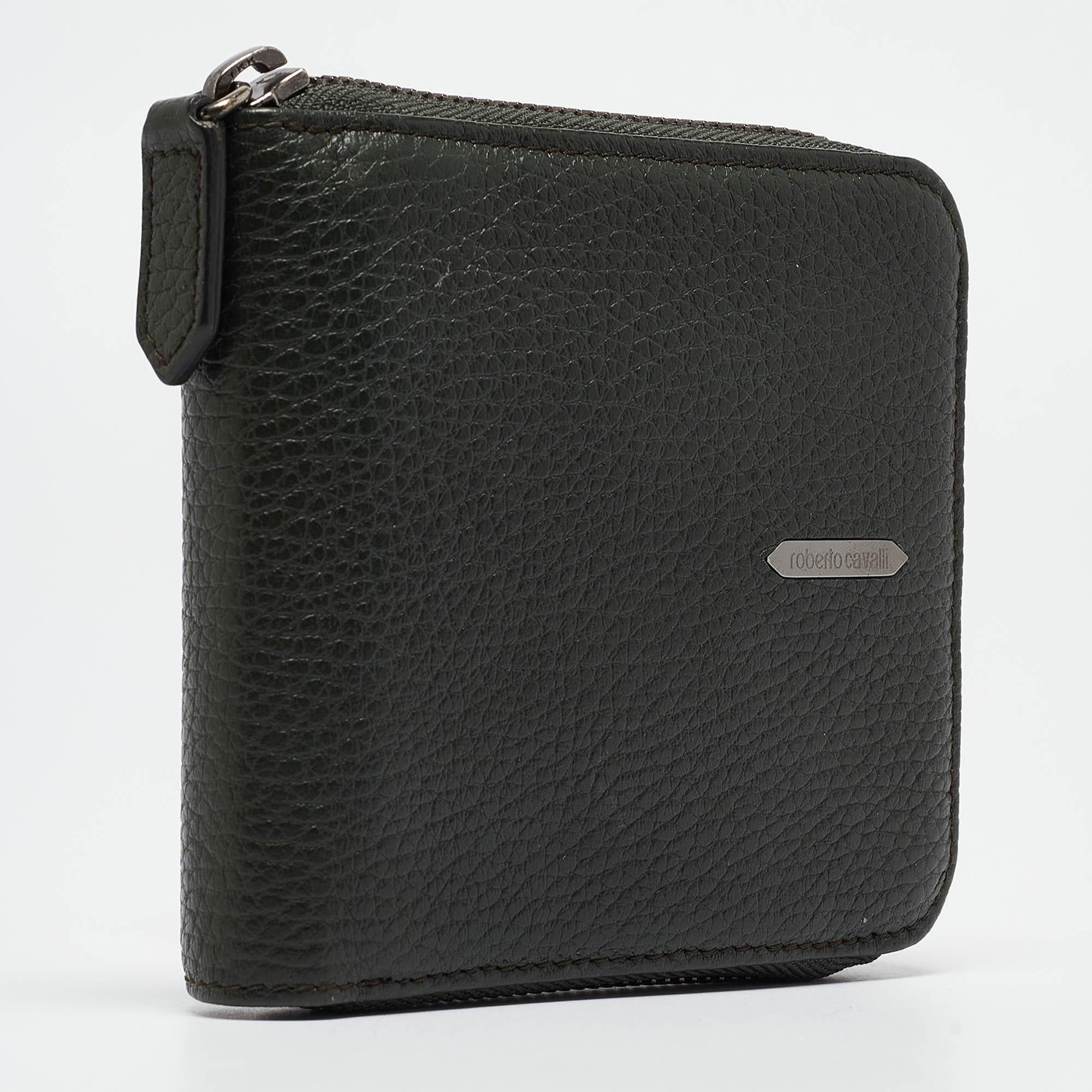 Black Roberto Cavalli Dark Green Leather Zip Around Wallet For Sale