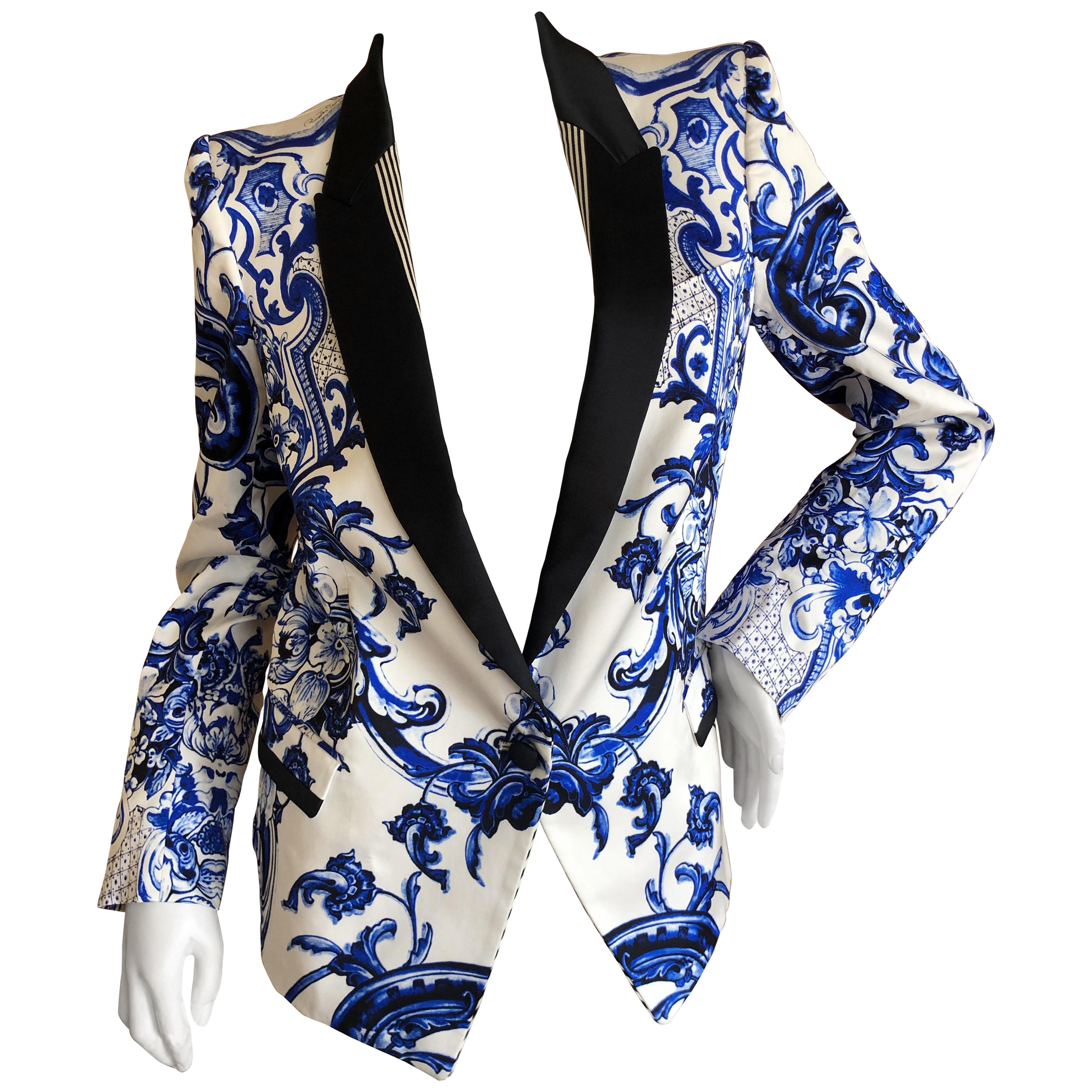 Roberto Cavalli Delft Porcelain Pattern Silk Shawl Collar Tuxedo Jacket Size 44
