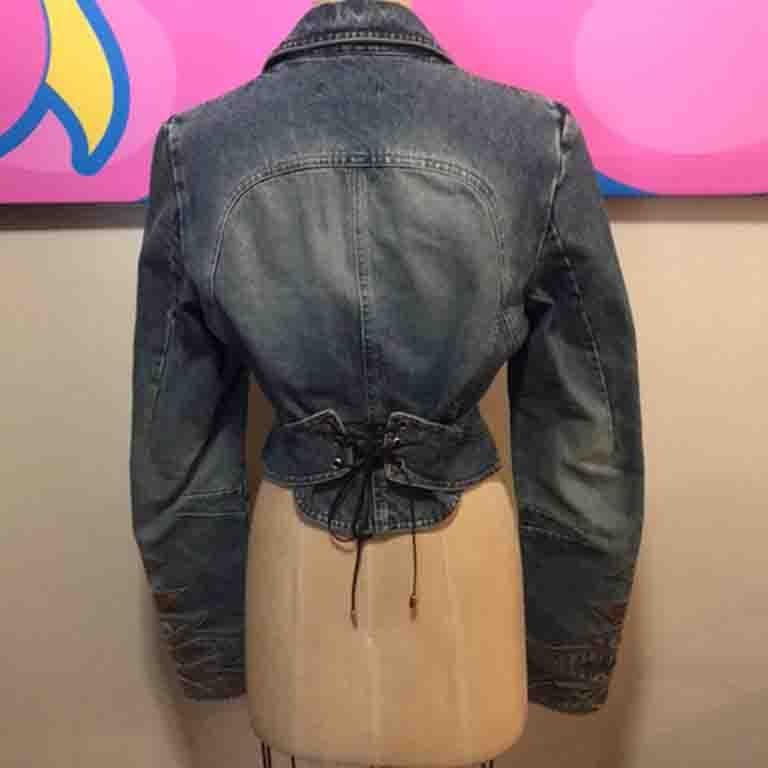 Roberto Cavalli Denim Embroidered Jacket Lace up Back In Good Condition For Sale In Los Angeles, CA