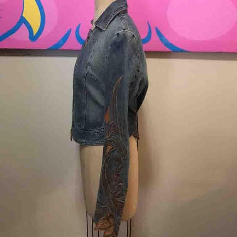 Roberto Cavalli Denim Embroidered Jacket Lace up Back For Sale 1