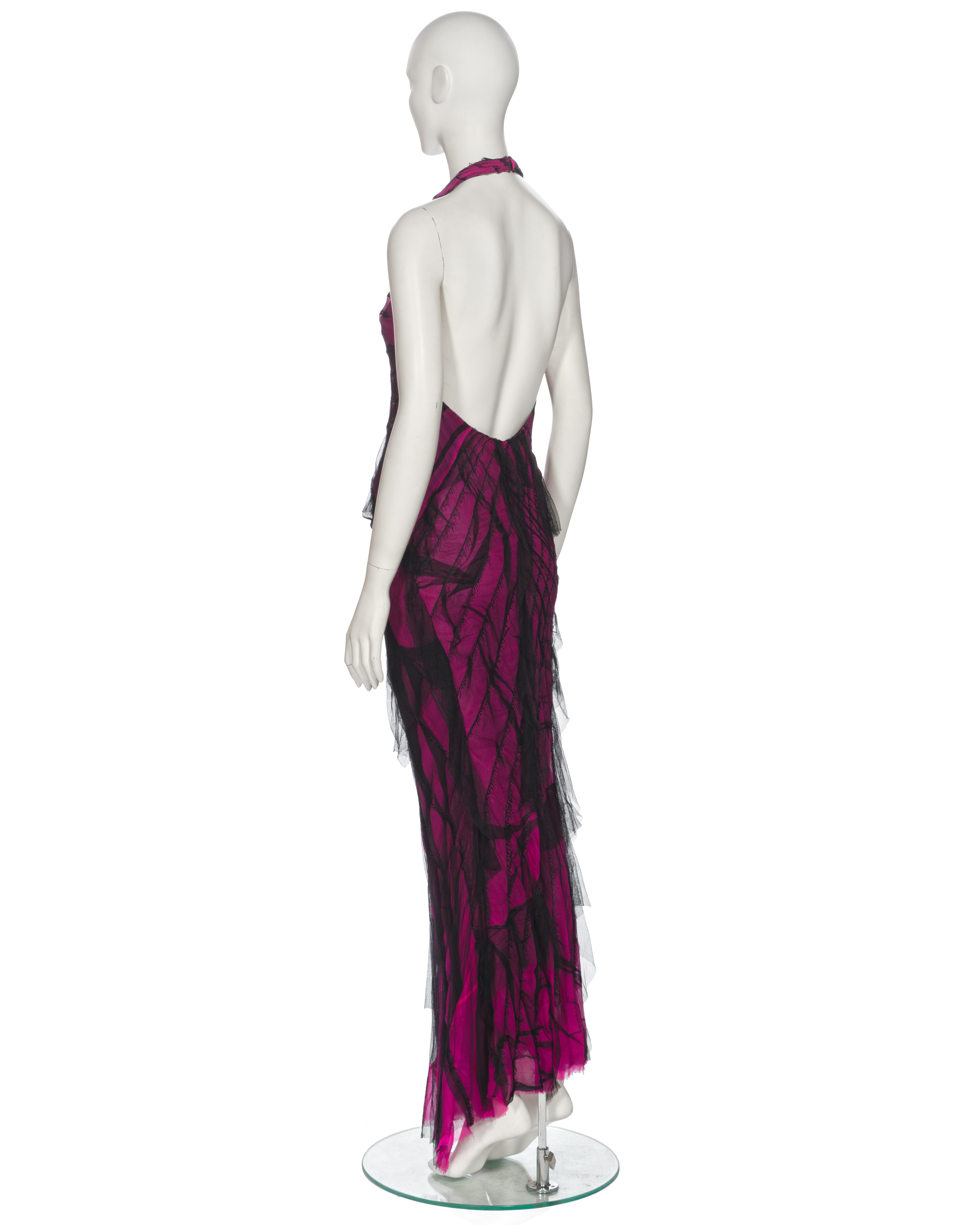 Roberto Cavalli Distressed Pink Silk Mesh Evening Halter Neck Dress, ss 2001 For Sale 6