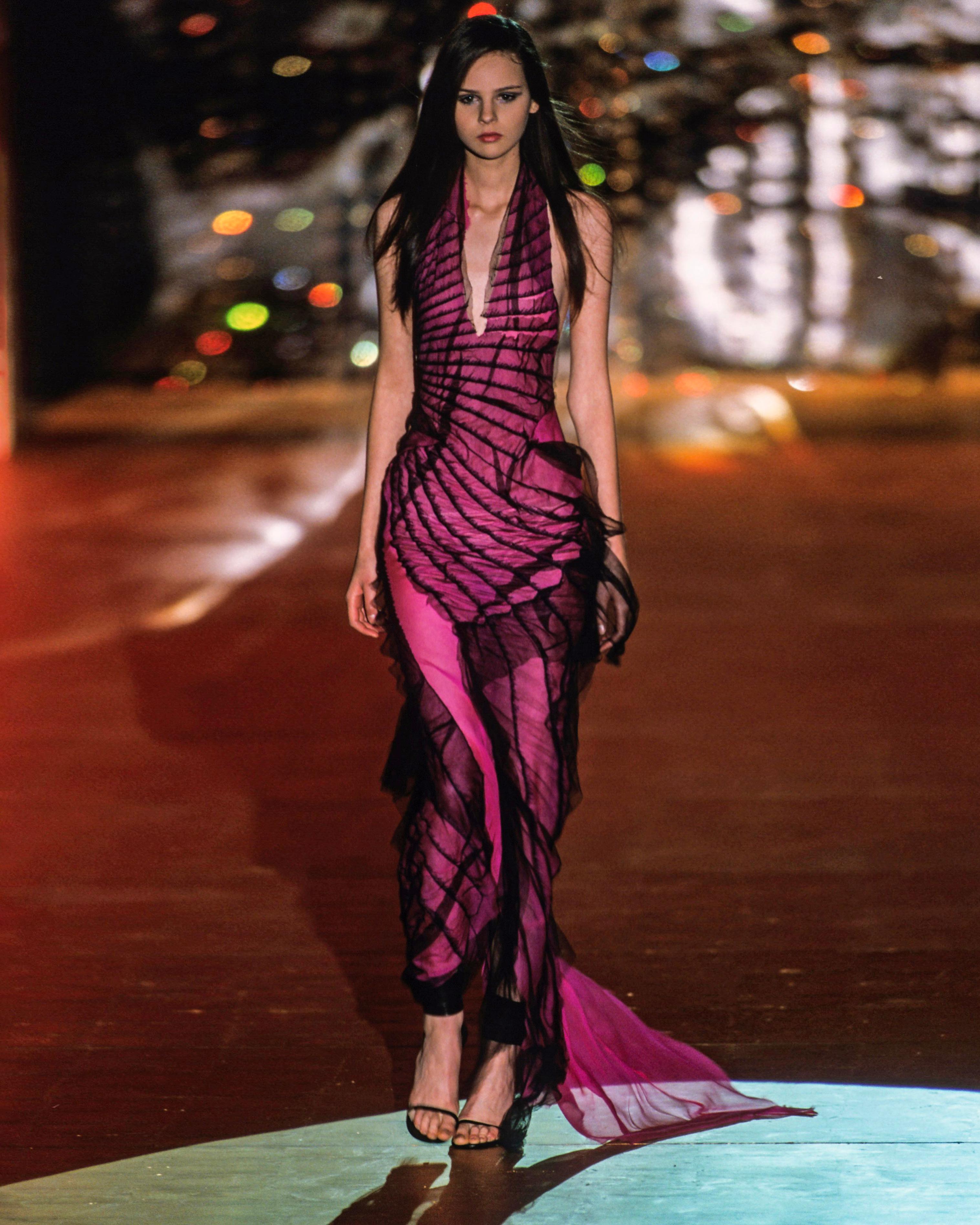 Roberto Cavalli Distressed Pink Silk Mesh Evening Halter Neck Dress, ss 2001 In Good Condition For Sale In London, GB