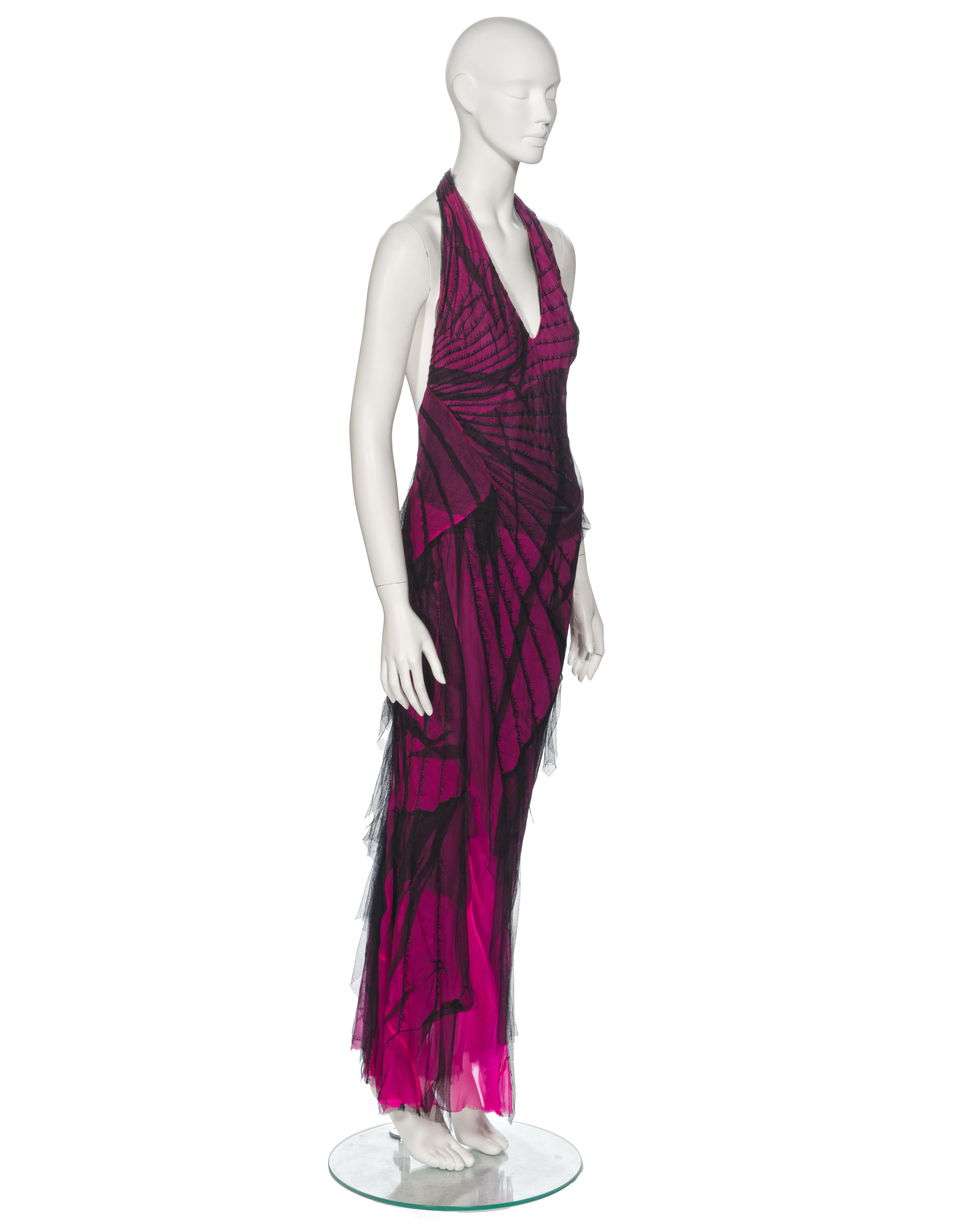 Roberto Cavalli Distressed Pink Silk Mesh Evening Halter Neck Dress, ss 2001 For Sale 1