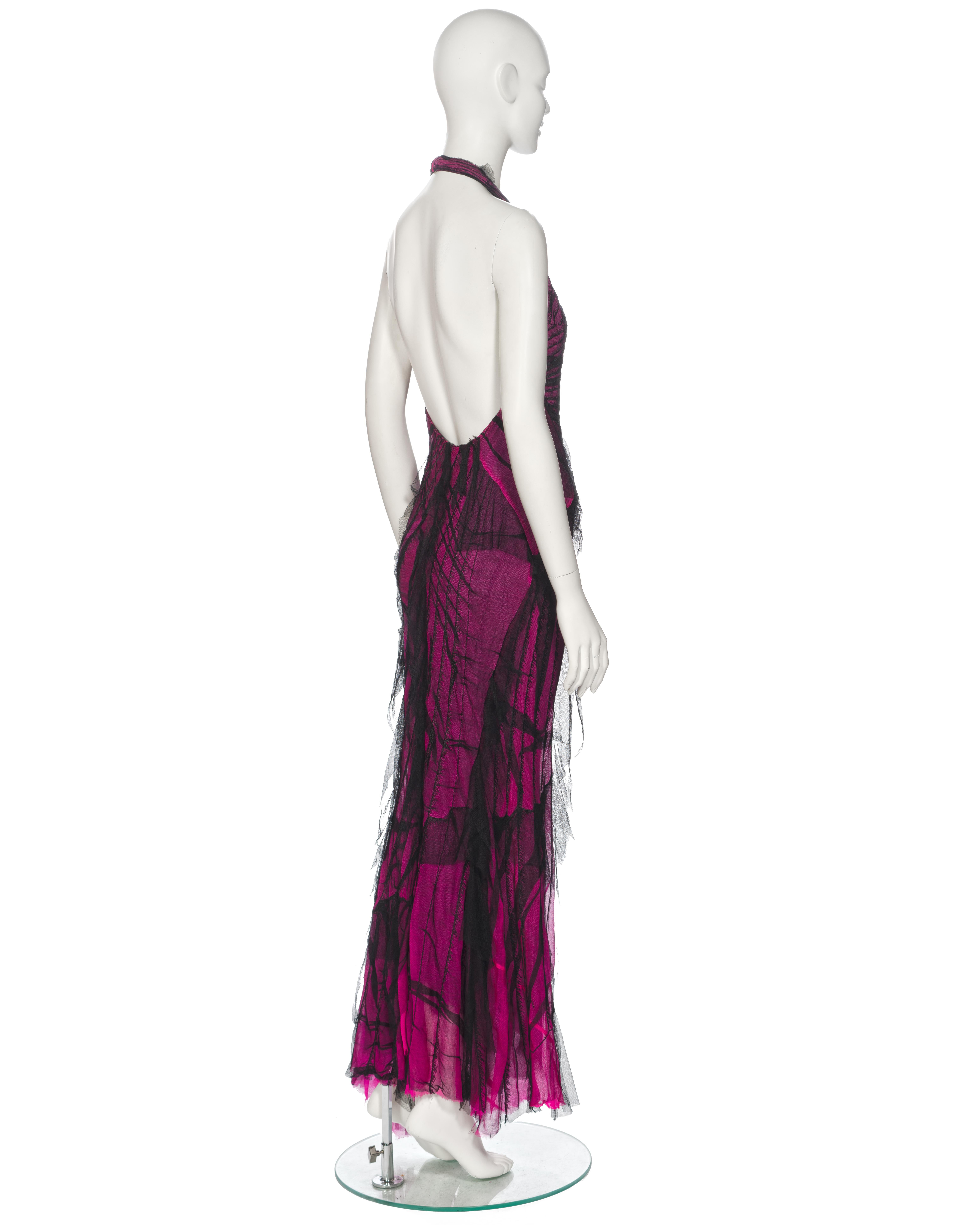 Roberto Cavalli Distressed Pink Silk Mesh Evening Halter Neck Dress, ss 2001 For Sale 3