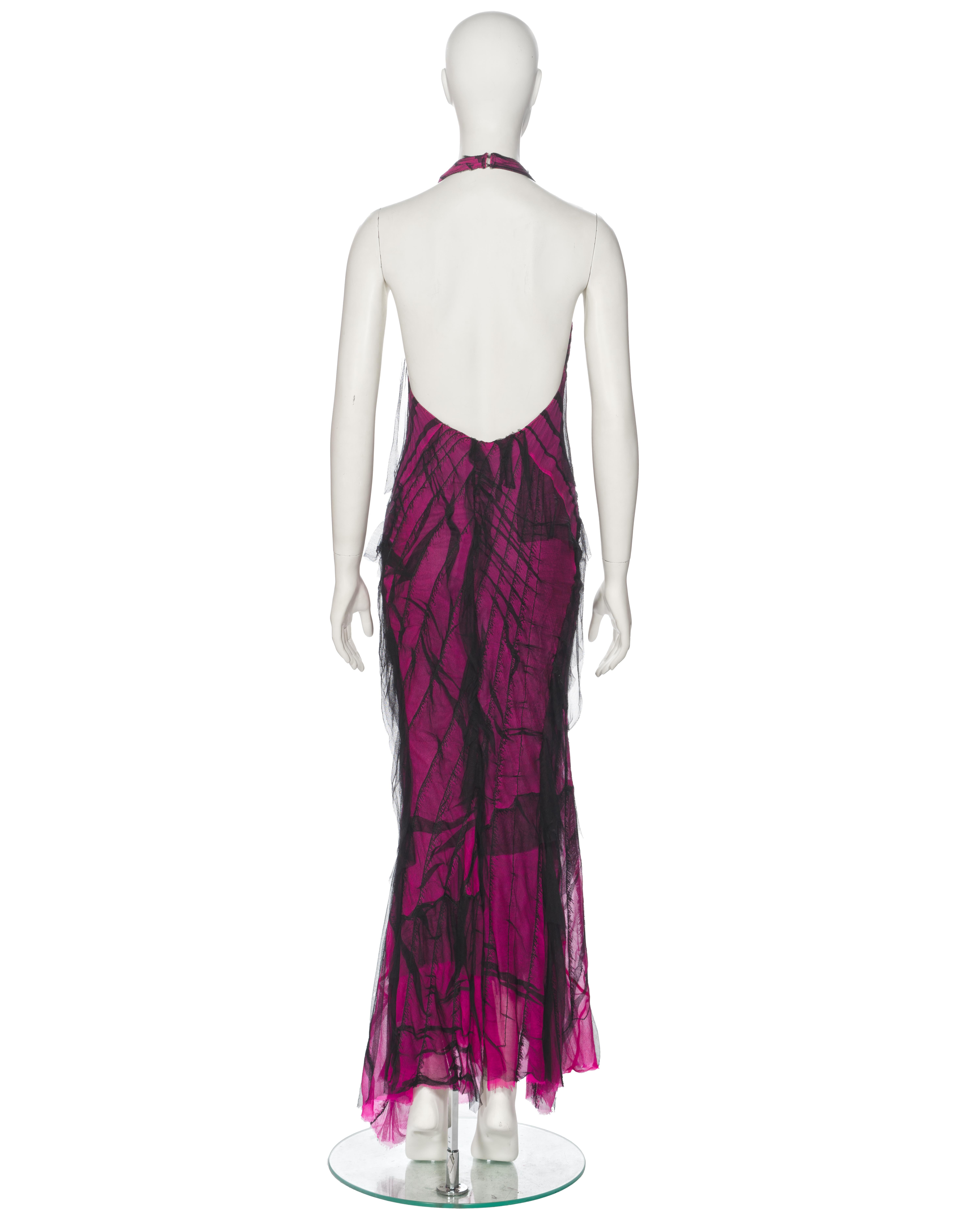 Roberto Cavalli Distressed Pink Silk Mesh Evening Halter Neck Dress, ss 2001 For Sale 4