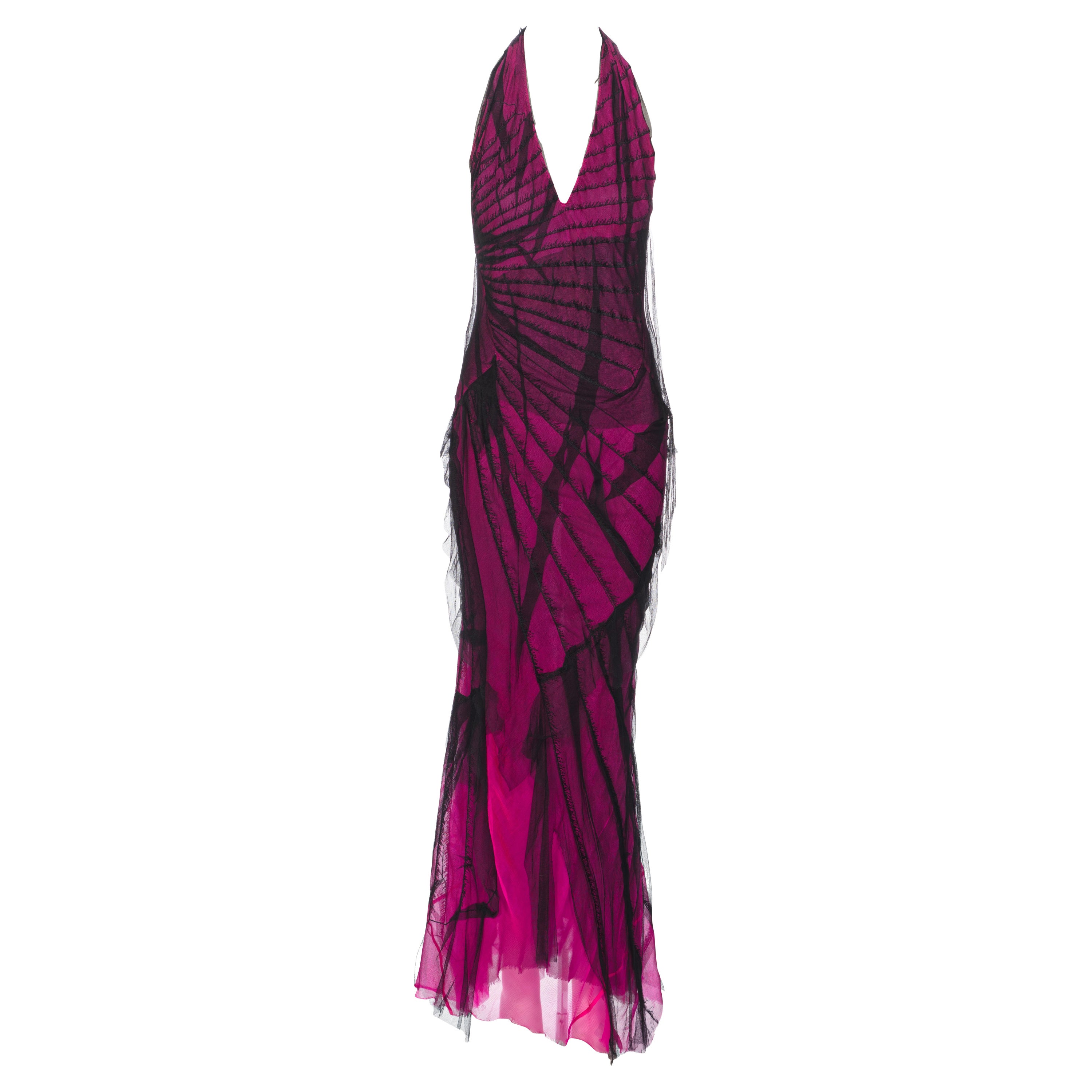 Roberto Cavalli Distressed Rosa Seidengewebe-Abendkleid mit Neckholder-Ausschnitt aus Mesh, F/S 2001