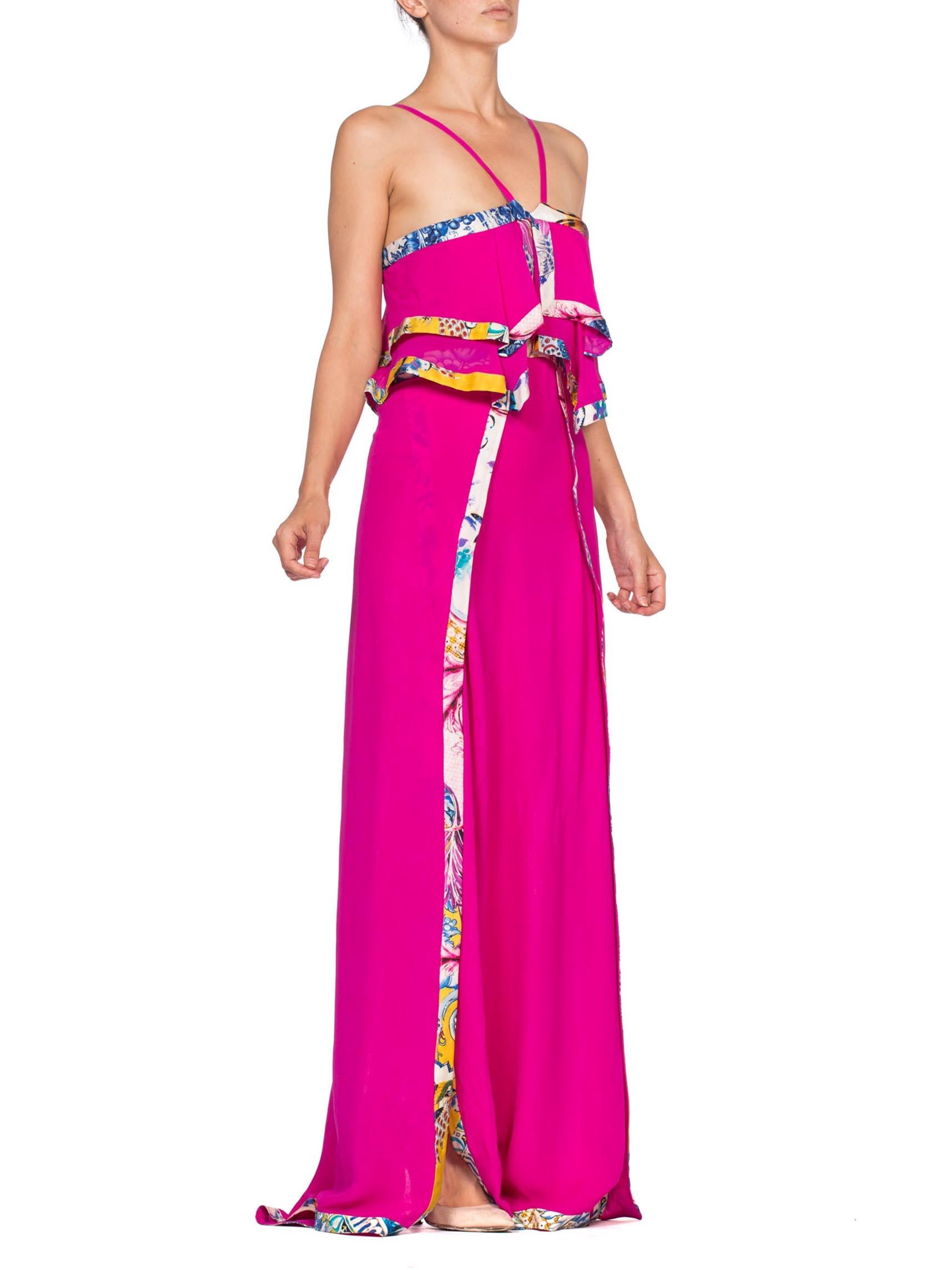 Tagged a European size 40 1990'S ROBERTO CAVALLI Hot Pink Silk Chiffon Double Slit Gown Trimmed In Yellow & Blue 