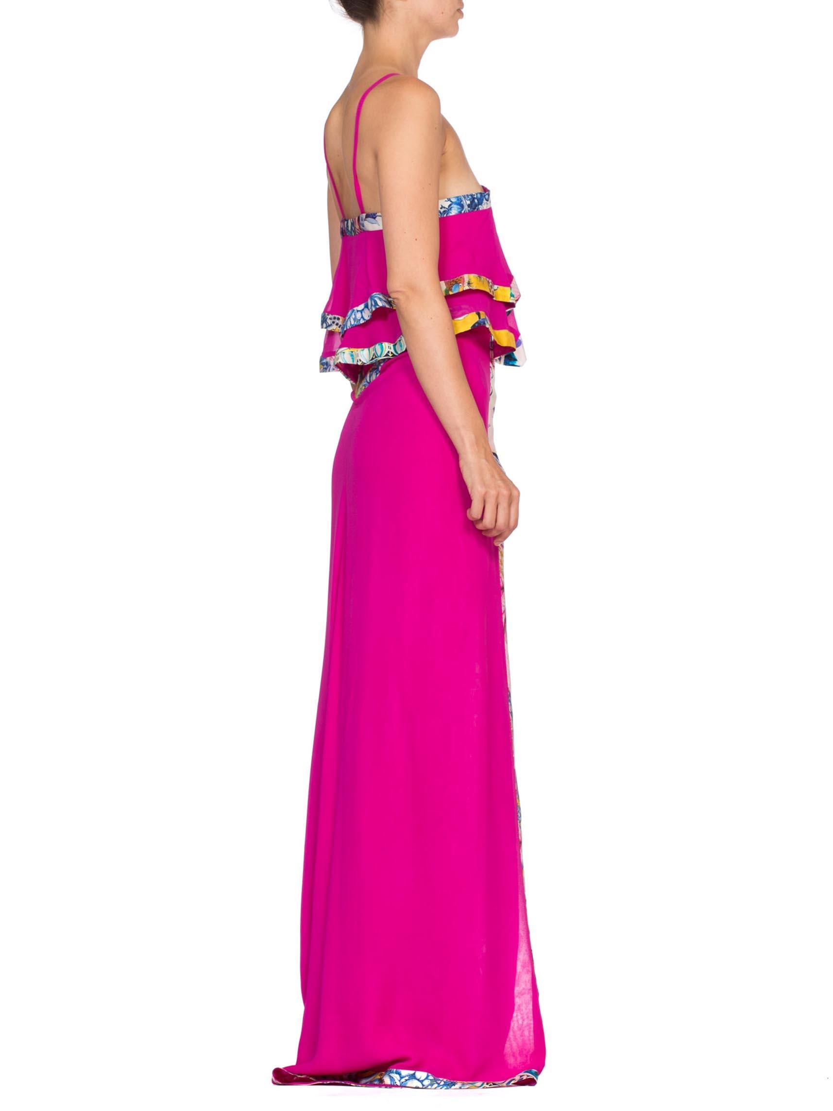 1990'S ROBERTO CAVALLI Hot Pink Silk Chiffon Double Slit Gown Trimmed In Yellow In Excellent Condition For Sale In New York, NY