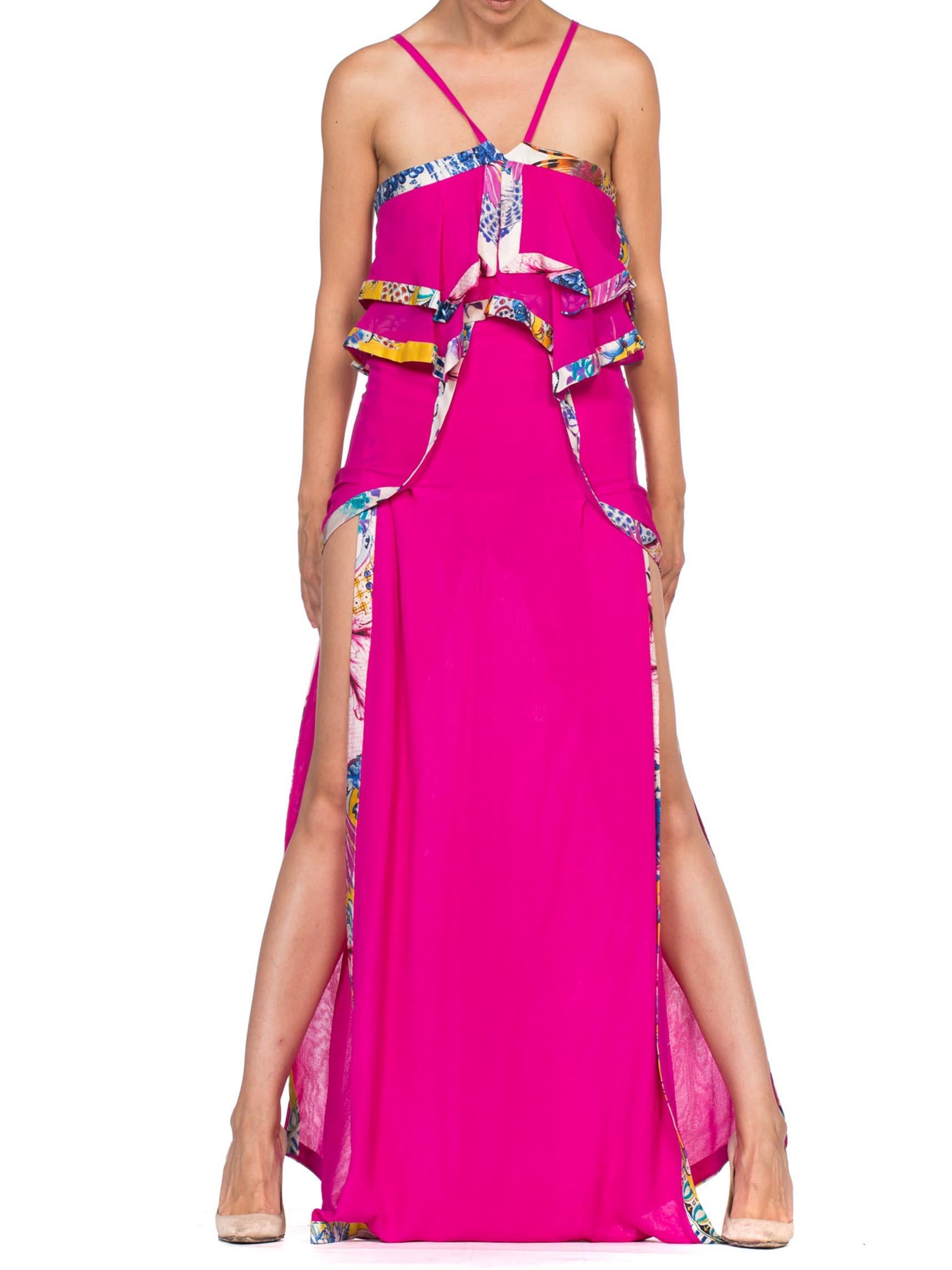 1990'S ROBERTO CAVALLI Hot Pink Silk Chiffon Double Slit Gown Trimmed In Yellow For Sale 1
