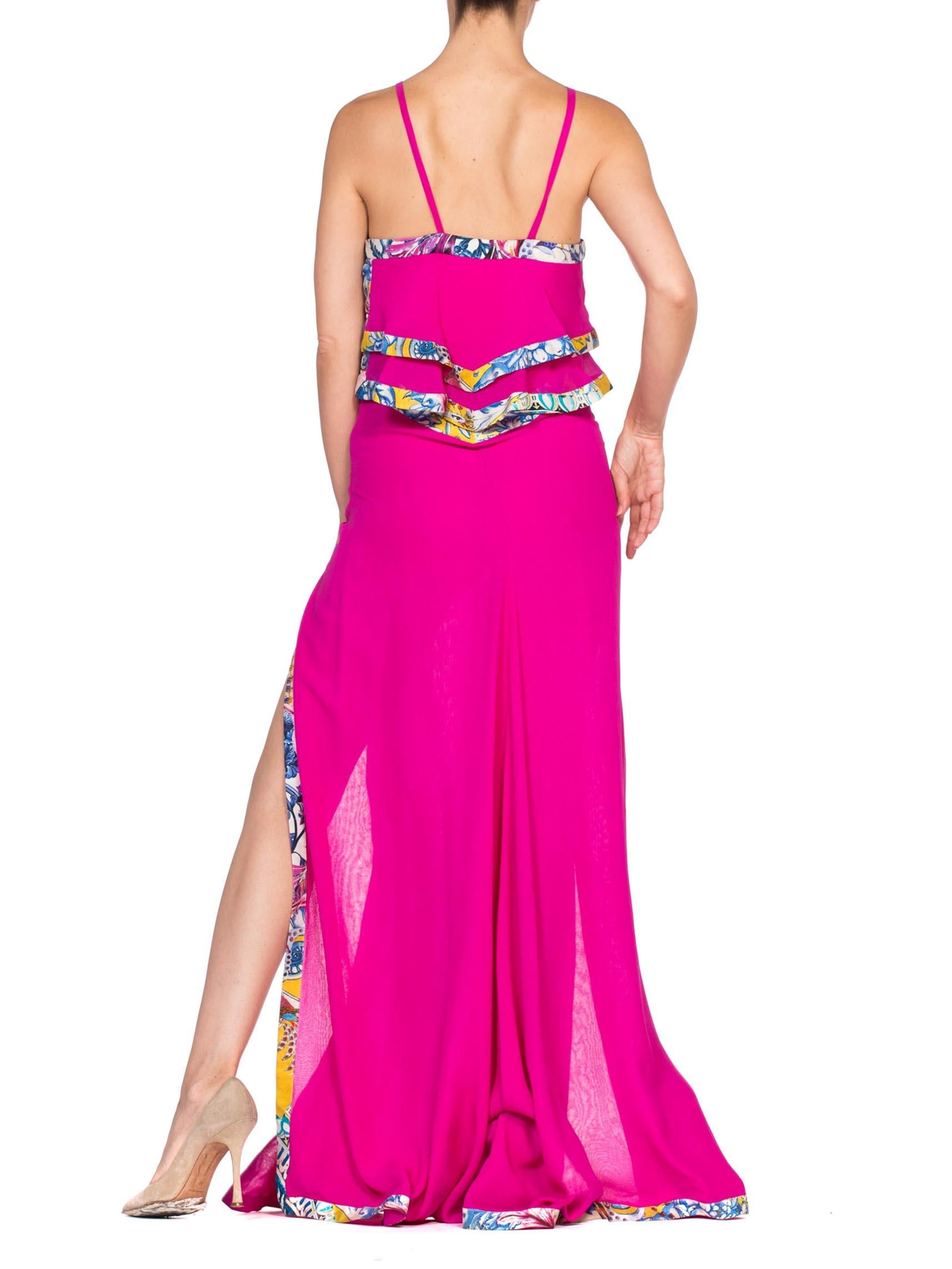 1990'S ROBERTO CAVALLI Hot Pink Silk Chiffon Double Slit Gown Trimmed In Yellow For Sale 2