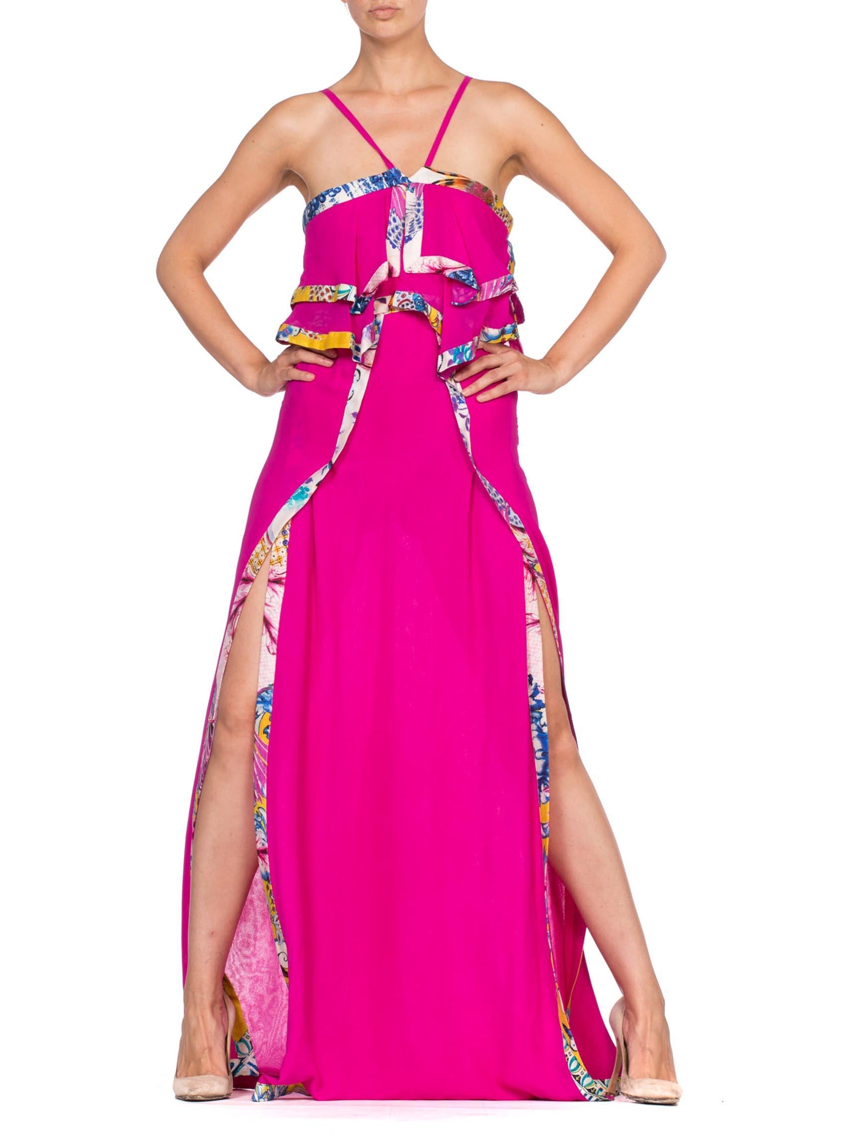 1990'S ROBERTO CAVALLI Hot Pink Silk Chiffon Double Slit Gown Trimmed In Yellow For Sale 3