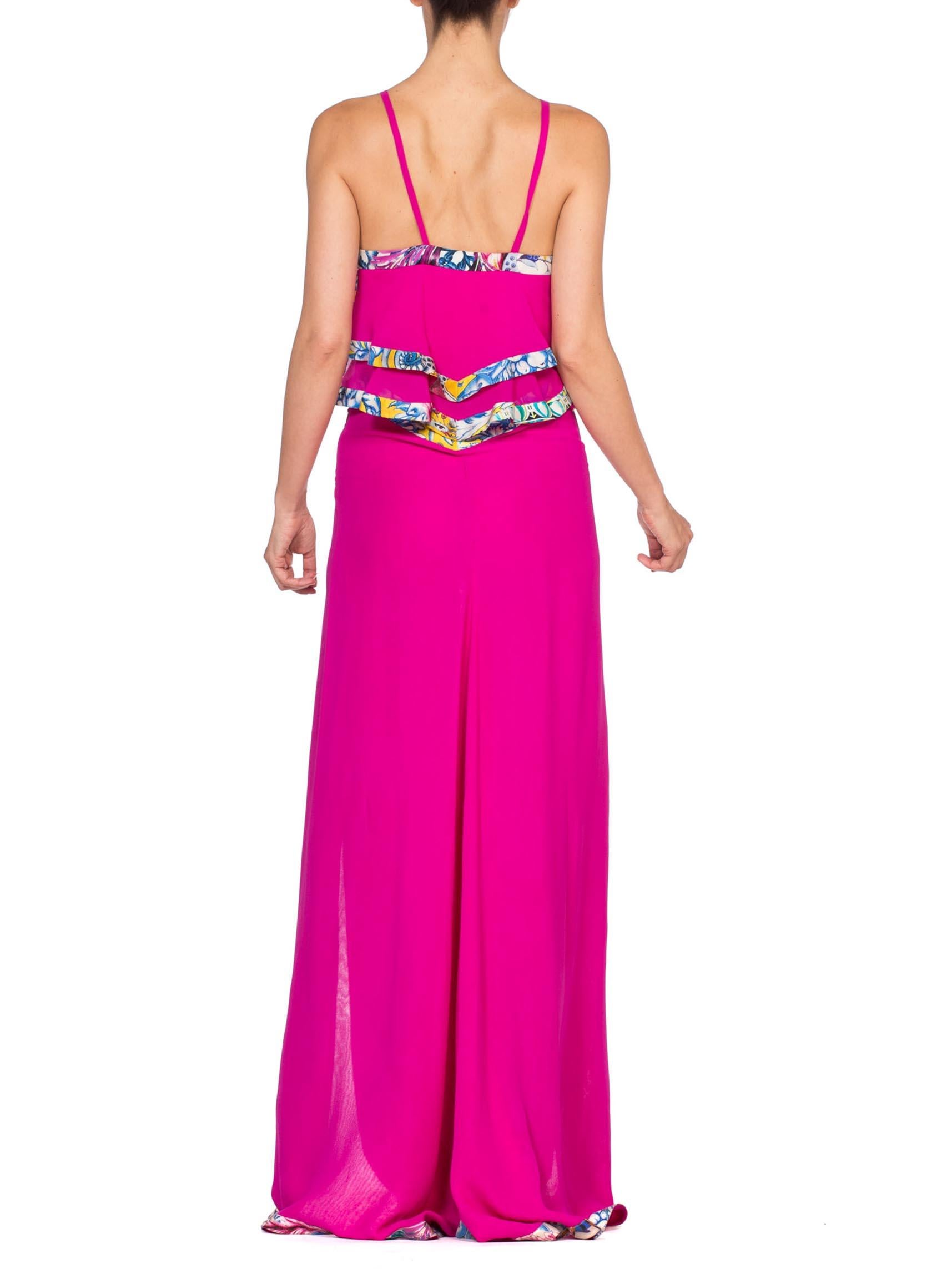 1990'S ROBERTO CAVALLI Hot Pink Silk Chiffon Double Slit Gown Trimmed In Yellow For Sale 4
