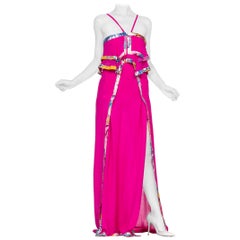 Retro 1990'S ROBERTO CAVALLI Hot Pink Silk Chiffon Double Slit Gown Trimmed In Yellow