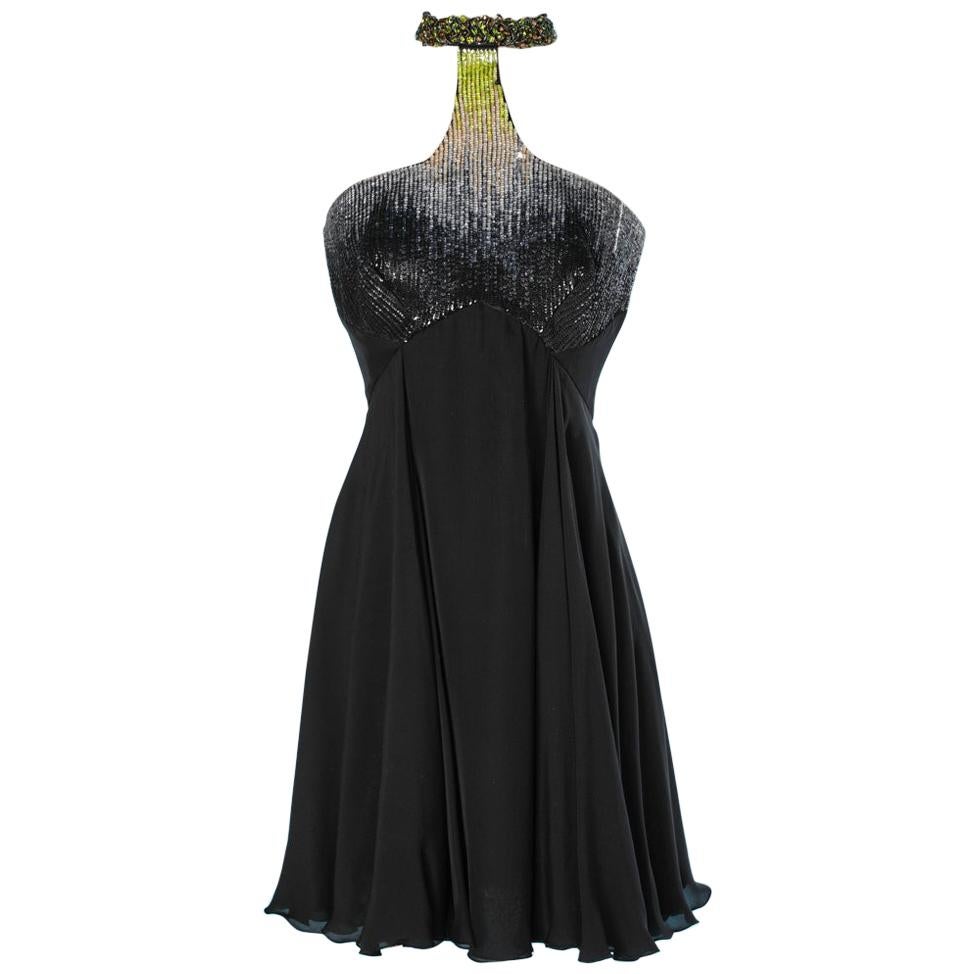 Roberto Cavalli dress in black chiffon with sequined top and beaded neckline  For Sale