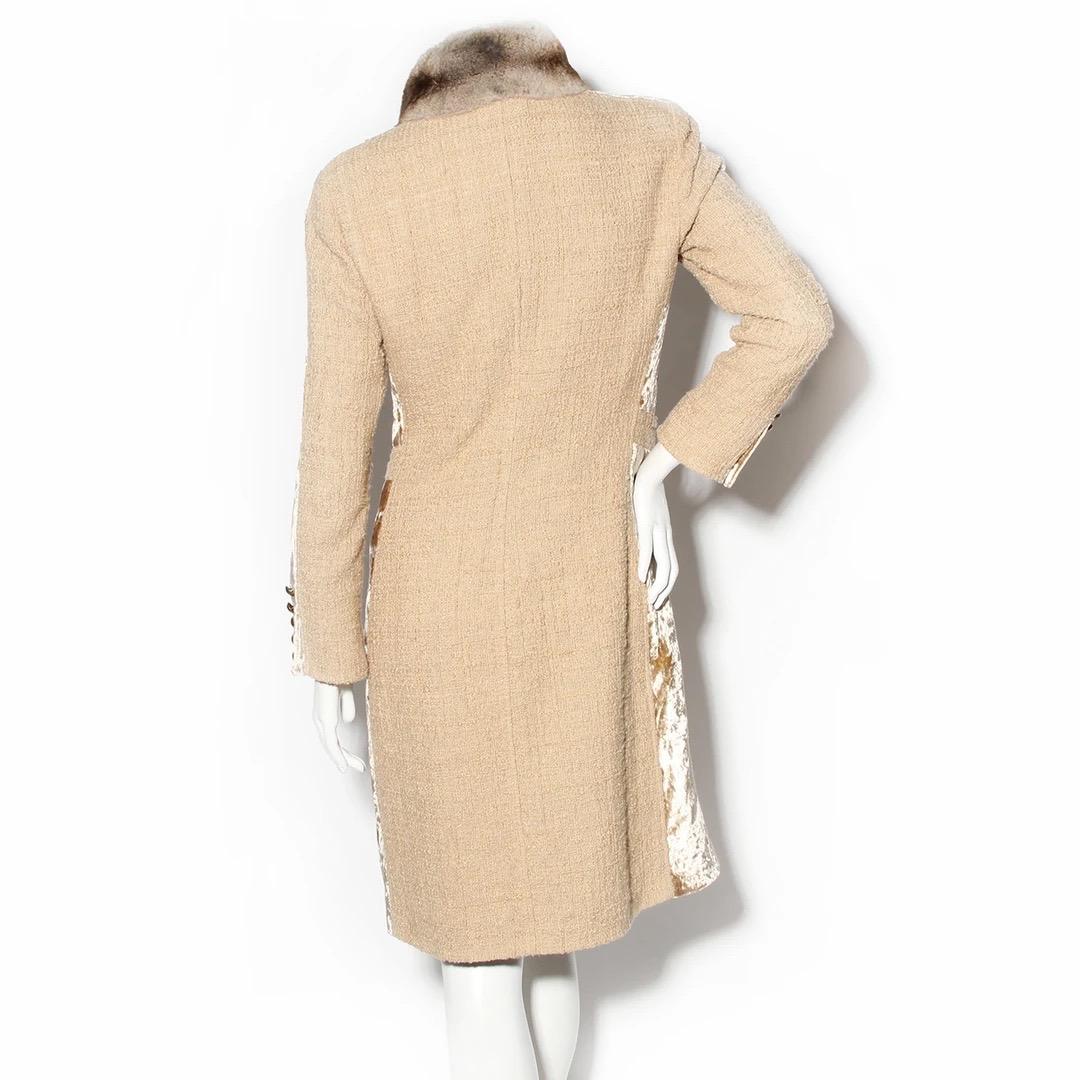 Roberto Cavalli Duster Coat 
Made in Italy 
Produced in 2005 
Camel colored wool blend bouclé
Camel colored crushed velvet details down side and at shoulders of coat 
Chinchilla fur trim down front of coat and at collar 
Two leopard print silk ties