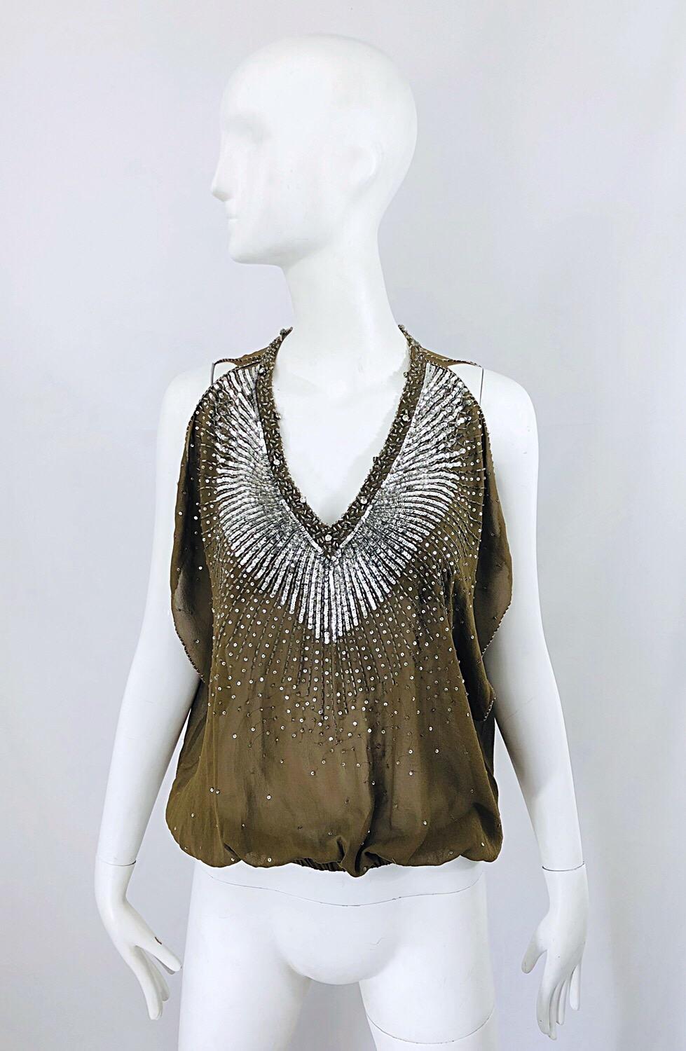 Sexy early 2000s ROBERTO CAVALLI light army green silk chiffon beaded, sequined and rhinestone semi sheer blouse! Features flattering cold shoulders that reveal just the right amount of skin. Convenient built in bra holds everything in place and