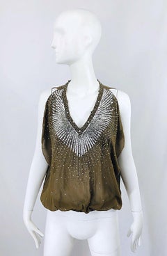 Roberto Cavalli Early 2000s Army Green Silk Chiffon Rhinestone Beaded Sheer Top
