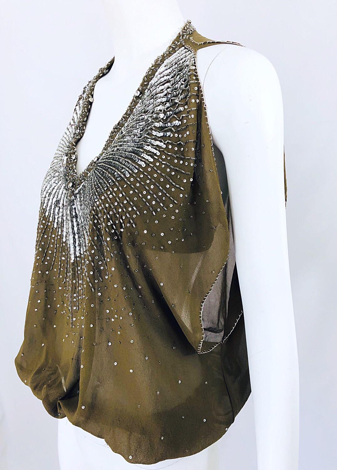 Roberto Cavalli Haut transparent en mousseline de soie verte avec perles et strass, début des années 2000 Excellent état - En vente à San Diego, CA