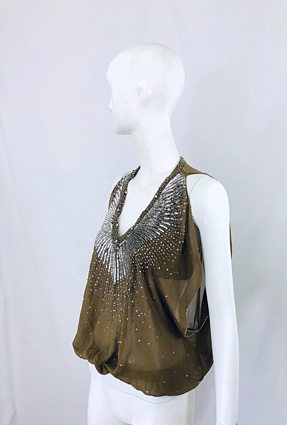 Roberto Cavalli Early 2000s Army Green Silk Chiffon Rhinestone Beaded Sheer Top In Excellent Condition For Sale In San Diego, CA