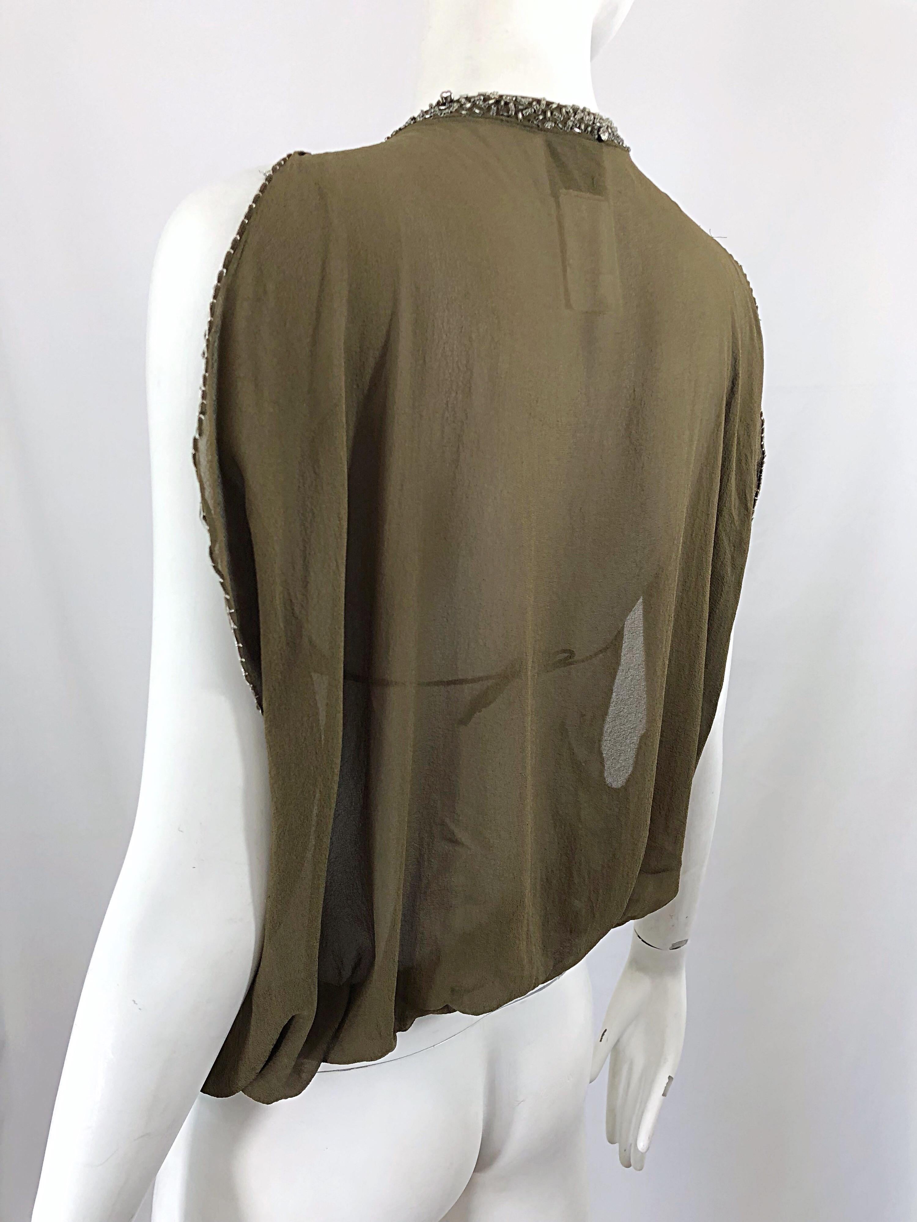 Roberto Cavalli Early 2000s Army Green Silk Chiffon Rhinestone Beaded Sheer Top For Sale 1