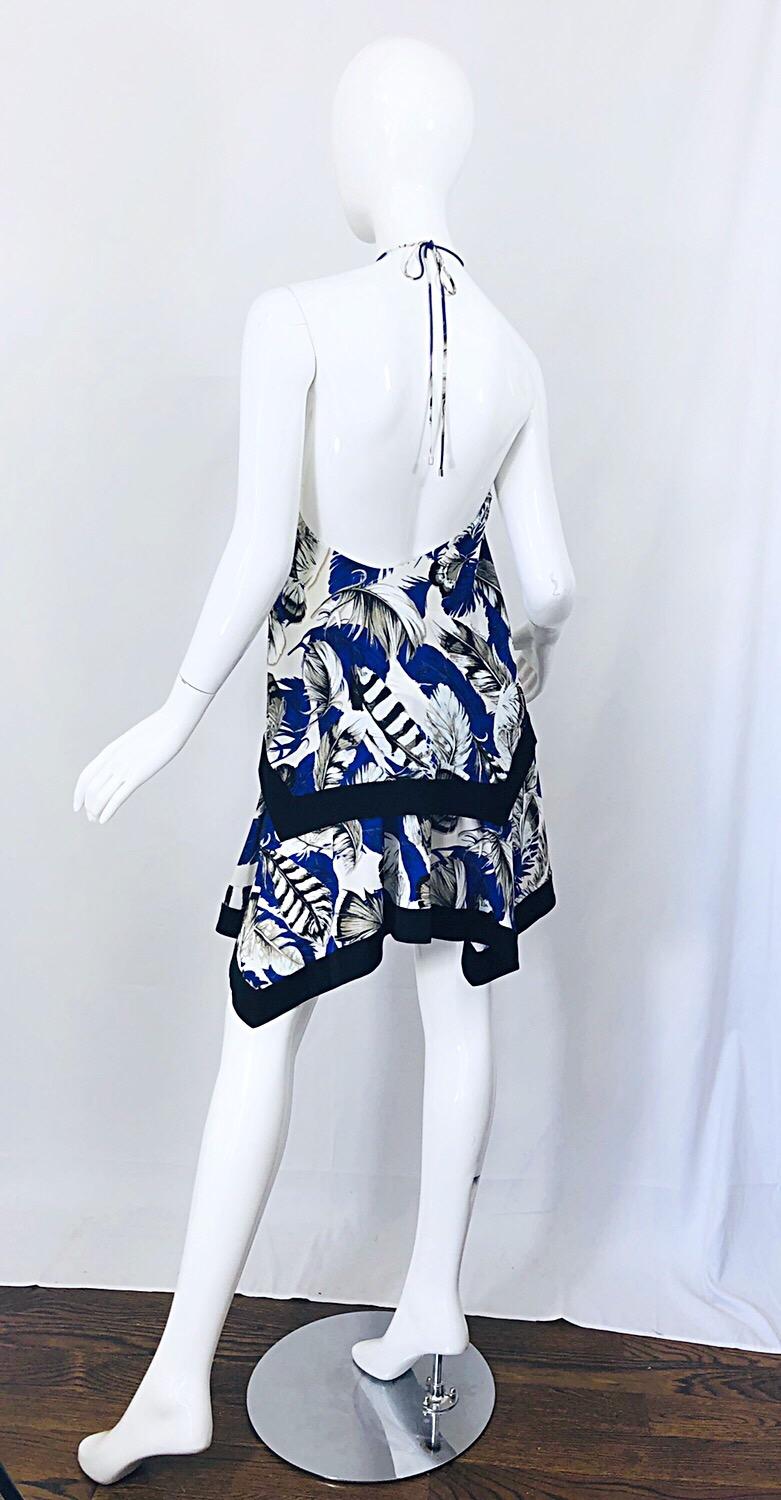 Women's ROBERTO CAVALLI 1990s Cobalt Blue Feathers + Rhinestone 90s Handkerchief Dress For Sale